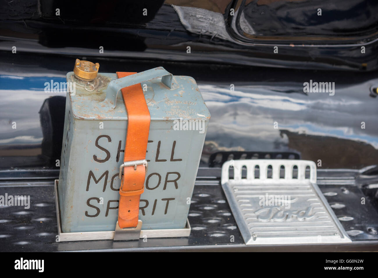 Petrol can on a model T ford Stock Photo