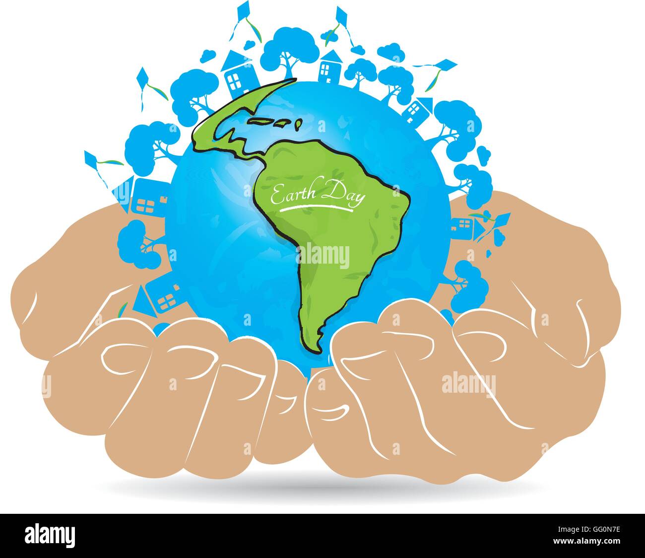 Pair of hands holding our planet with icons on a white background Stock ...