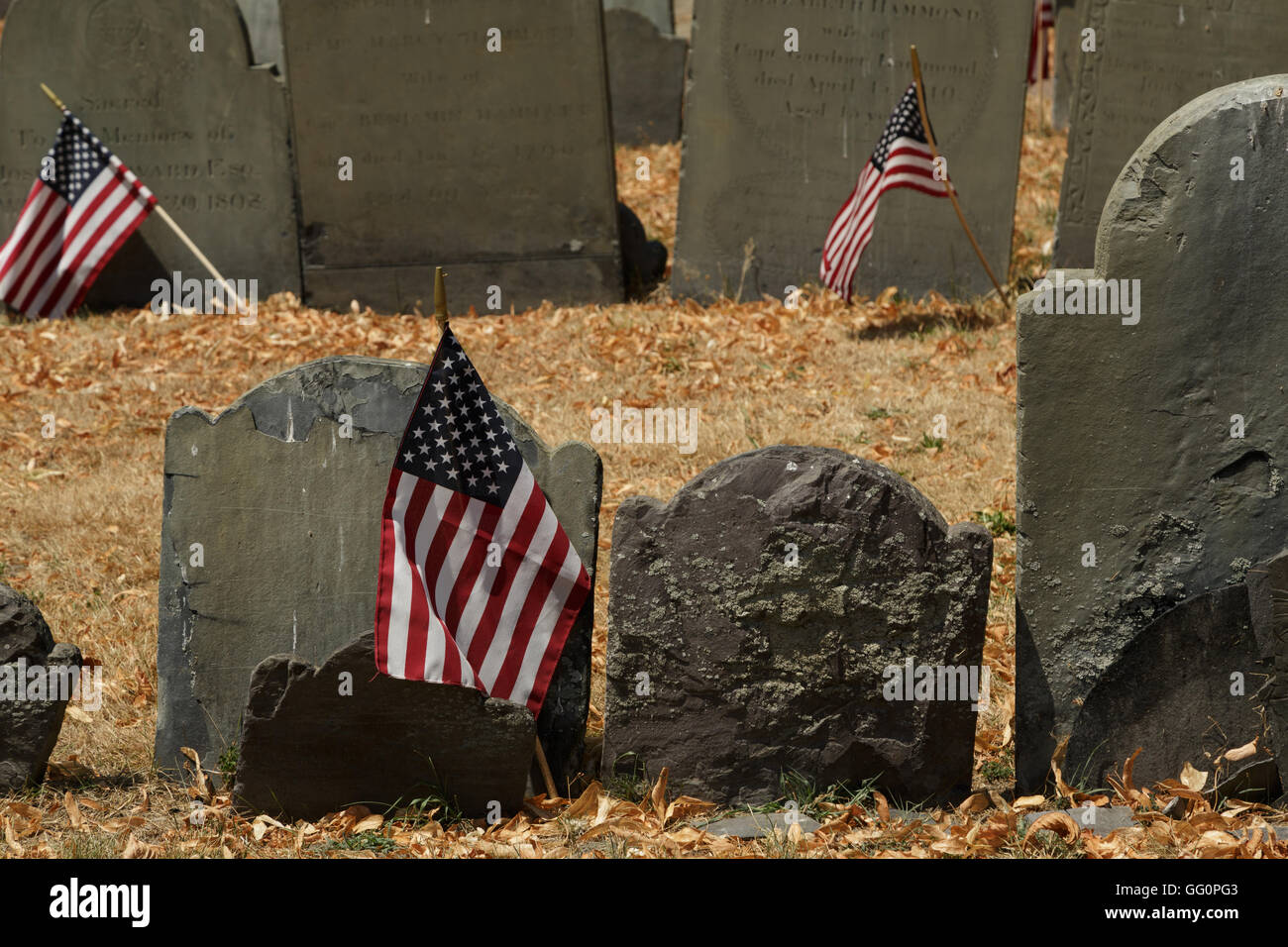 A photograph of some grave stones in Copp's Hill Burying Ground in Boston, Massachusetts, USA. Stock Photo