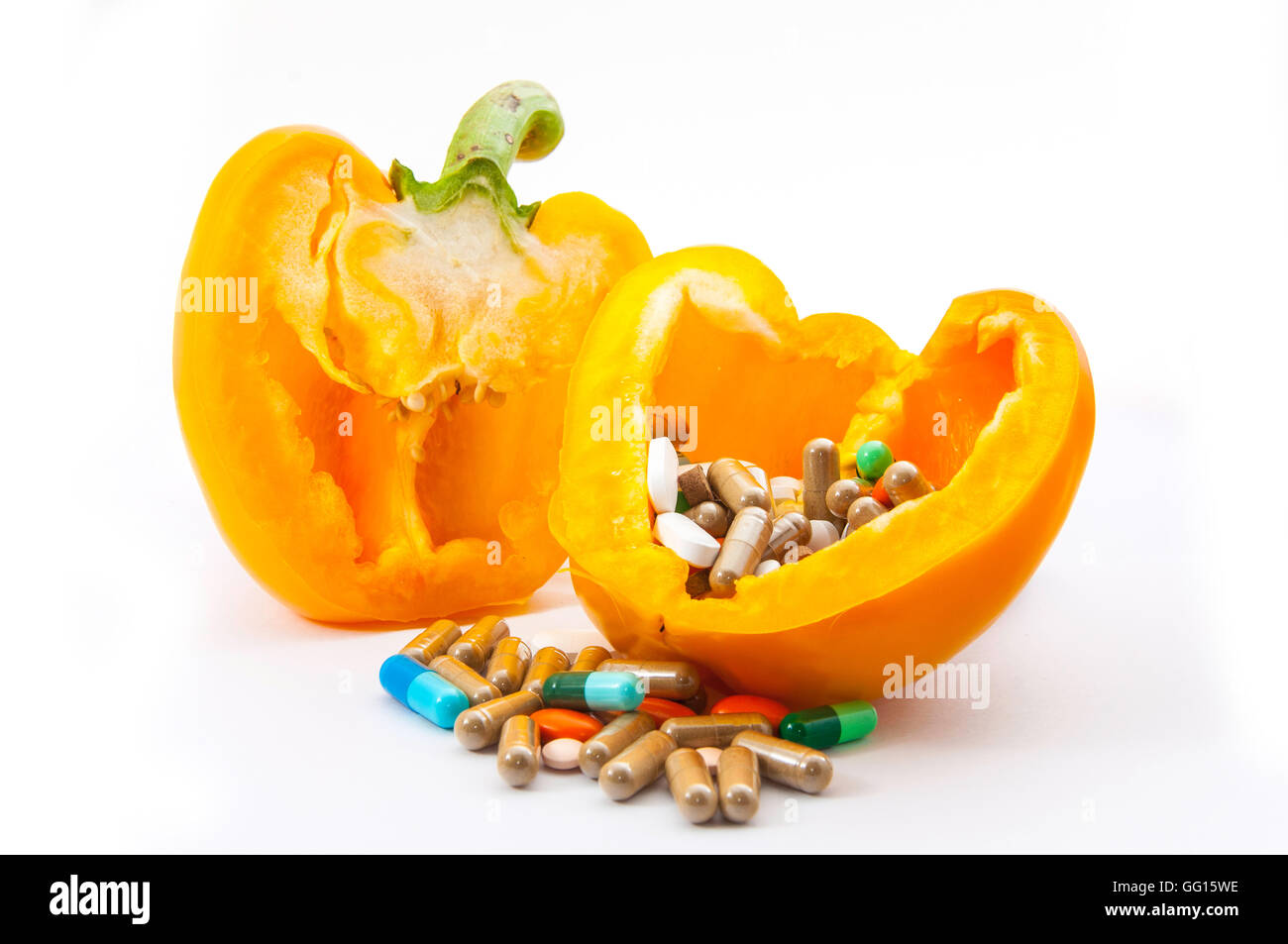 Sliced paprika pepper with chemical ingredients inside as symbol of bad