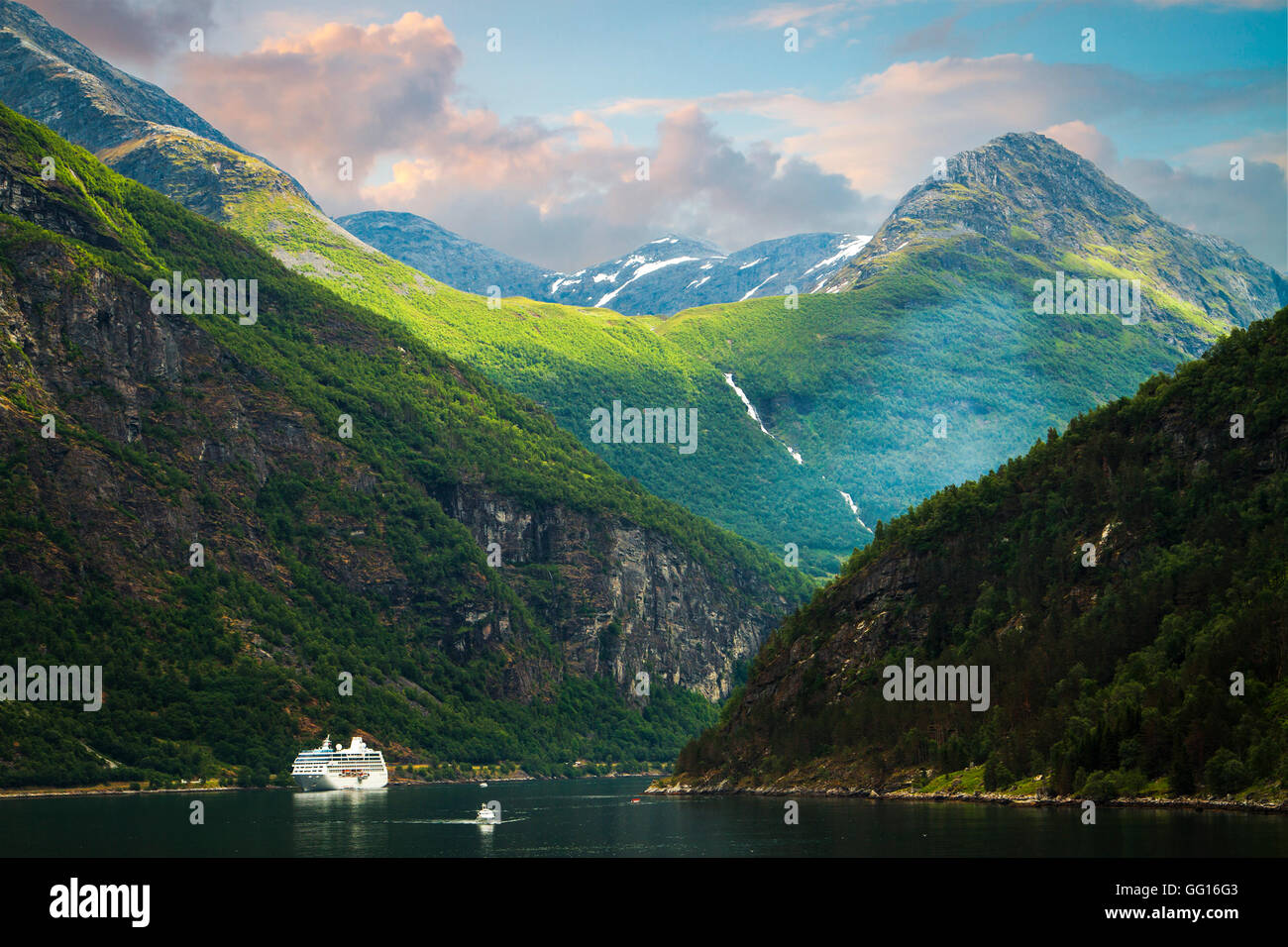 Waterfall in Geiranger fjord Norway - nature and travel background Stock Photo