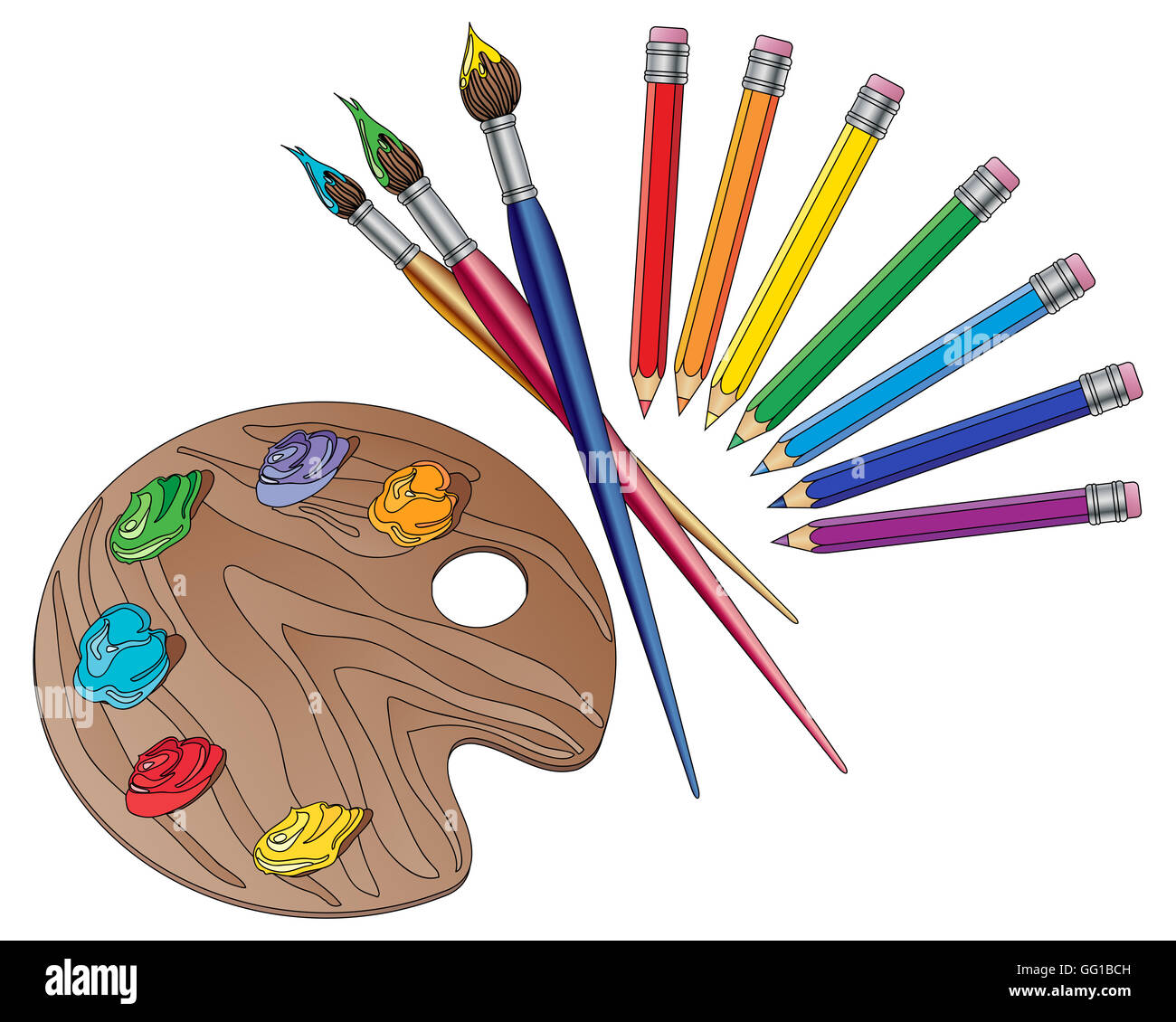 an illustration of art materials with brushes pencils and an artists  palette with paints on a white background Stock Photo - Alamy