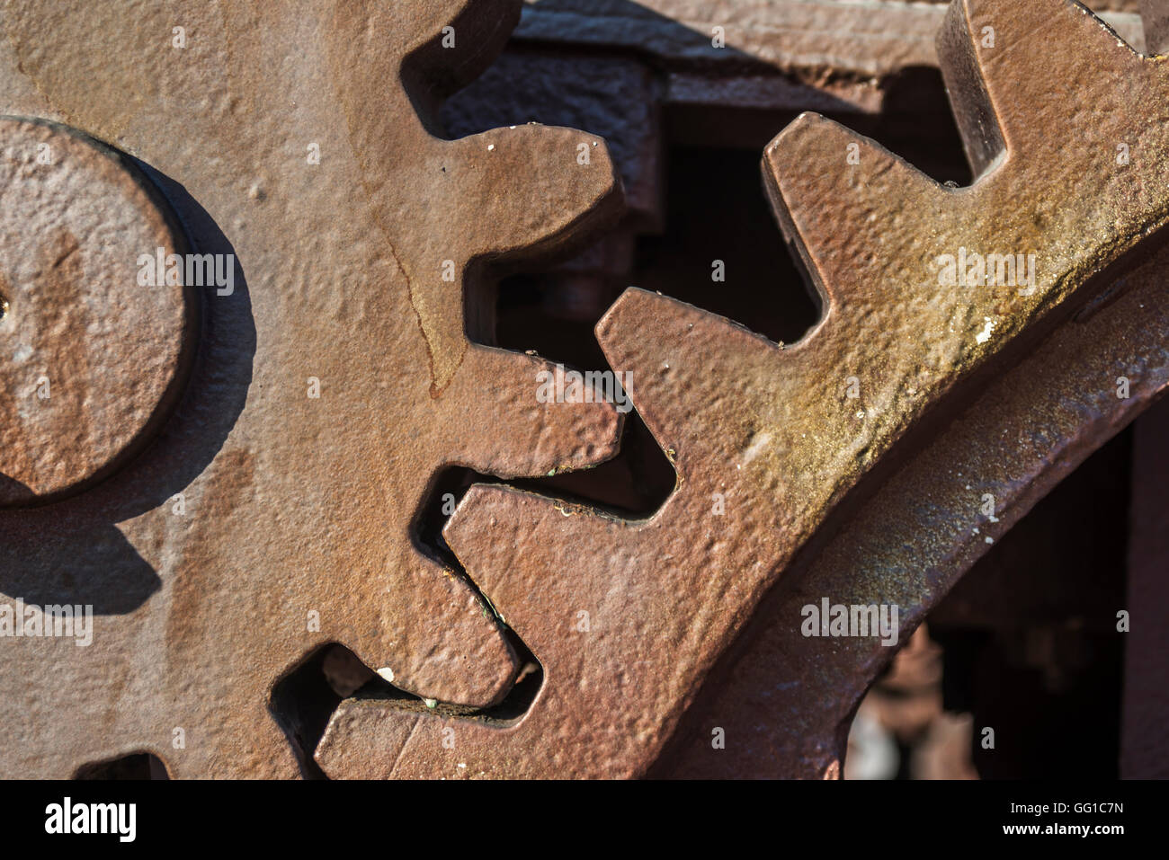 copper colored gears inserting in a big machine Stock Photo