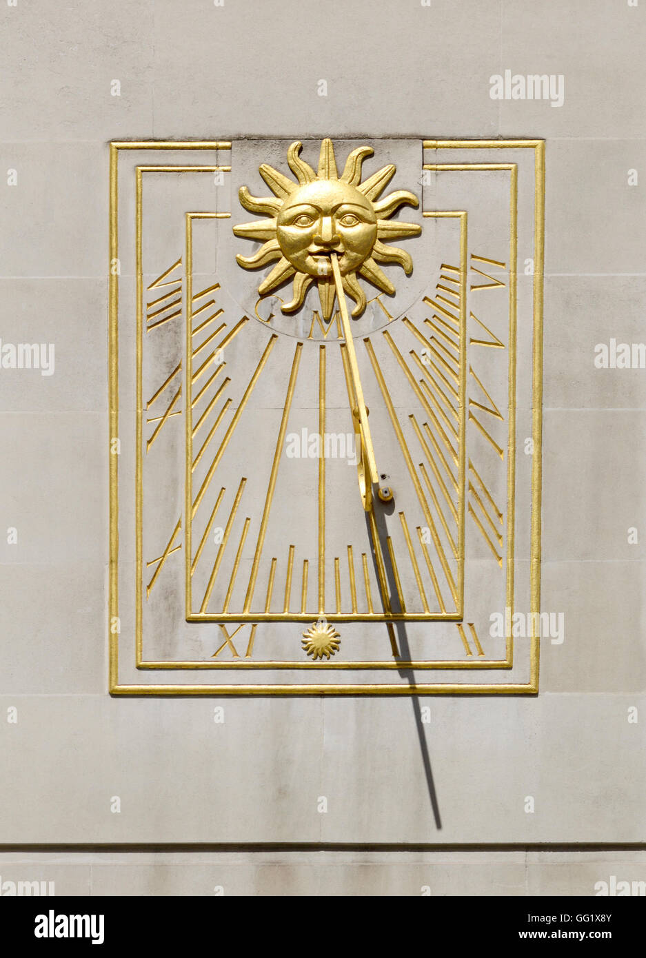 London, England, UK. Modern sundial on the wall of 107 Cheapside, in the City. Marked 'GMT' (Greenwich Mean Time) Stock Photo