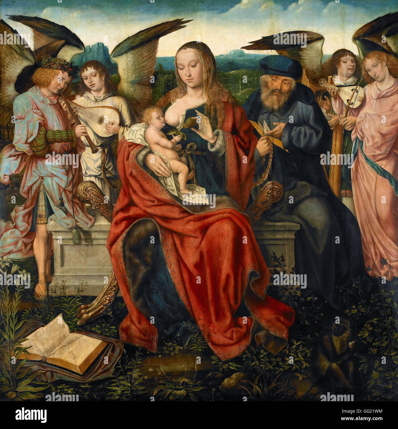 Attributed to the Master of Frankfurt - Holy Family with Music Making Angels Stock Photo