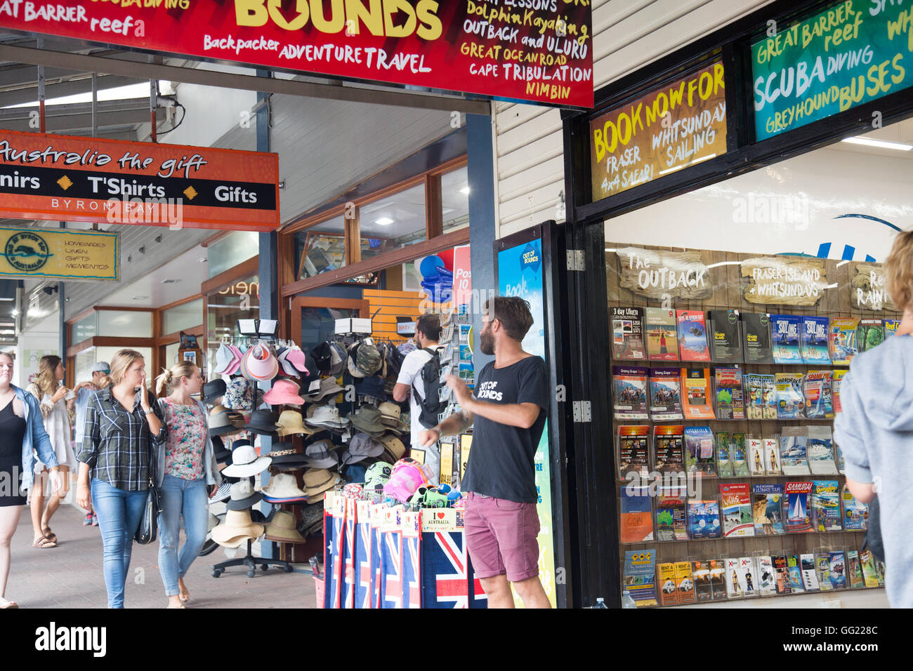 Byron Bay high street, with local travel agent and hat store,new south wales,australia Stock Photo