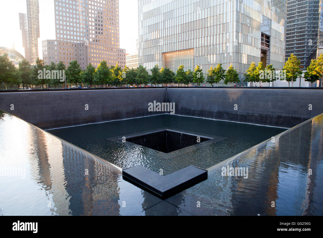 The 9/11 Memorial North Pool in lower Manhattan. Stock Photo