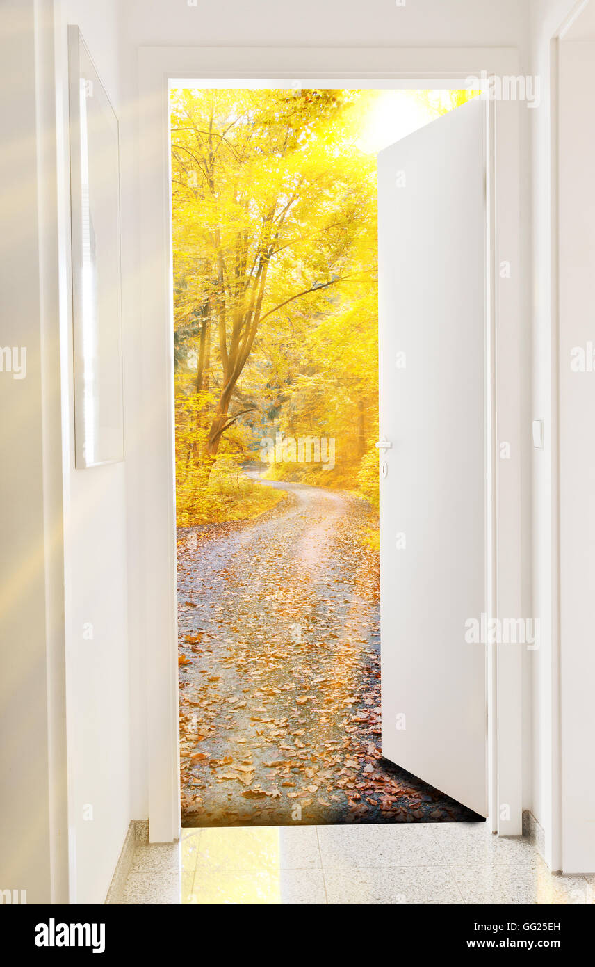 Open door to autumn forest Stock Photo