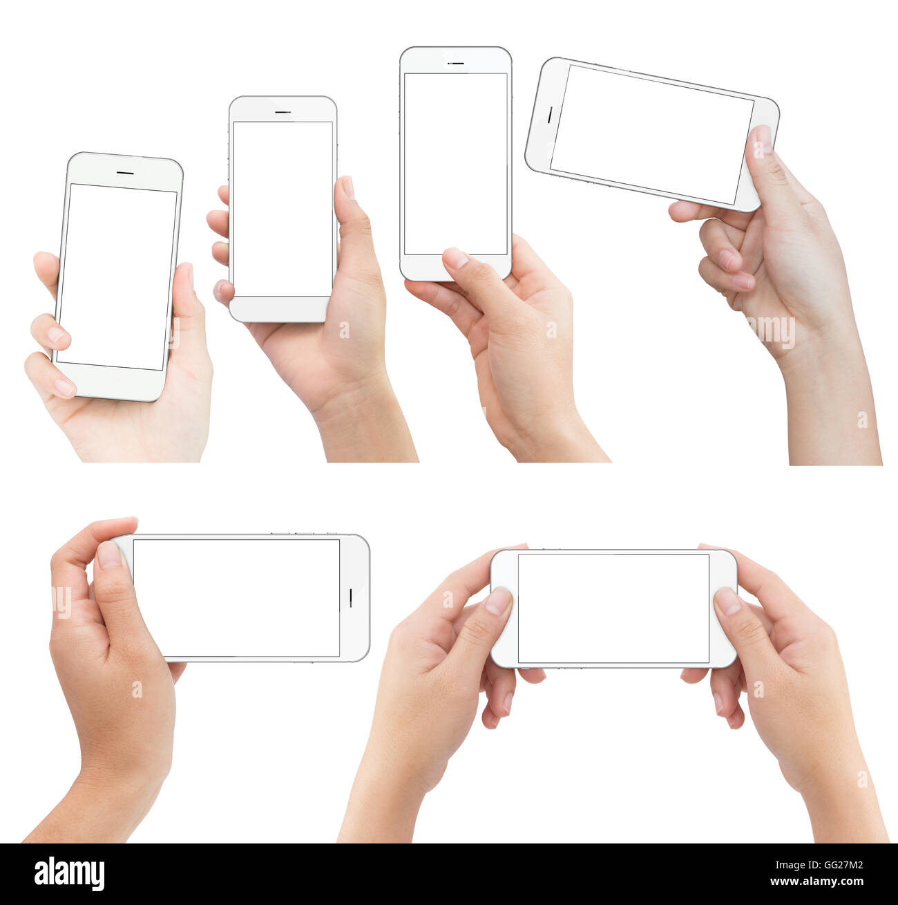 hand holding white phone isolated with clipping path on white background Stock Photo