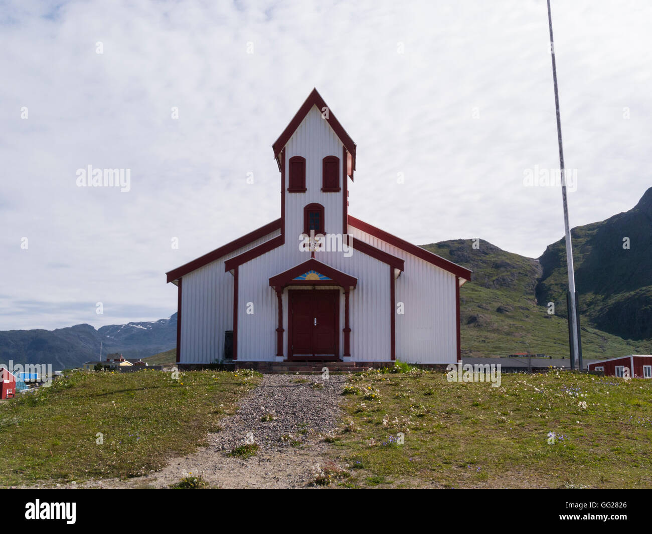 Narsaq church designed by local carpenter Pavia Høegh in 1927 extended 1981 Southern Greenland in Kujalleq municipality small fishing farmingcommunity Stock Photo