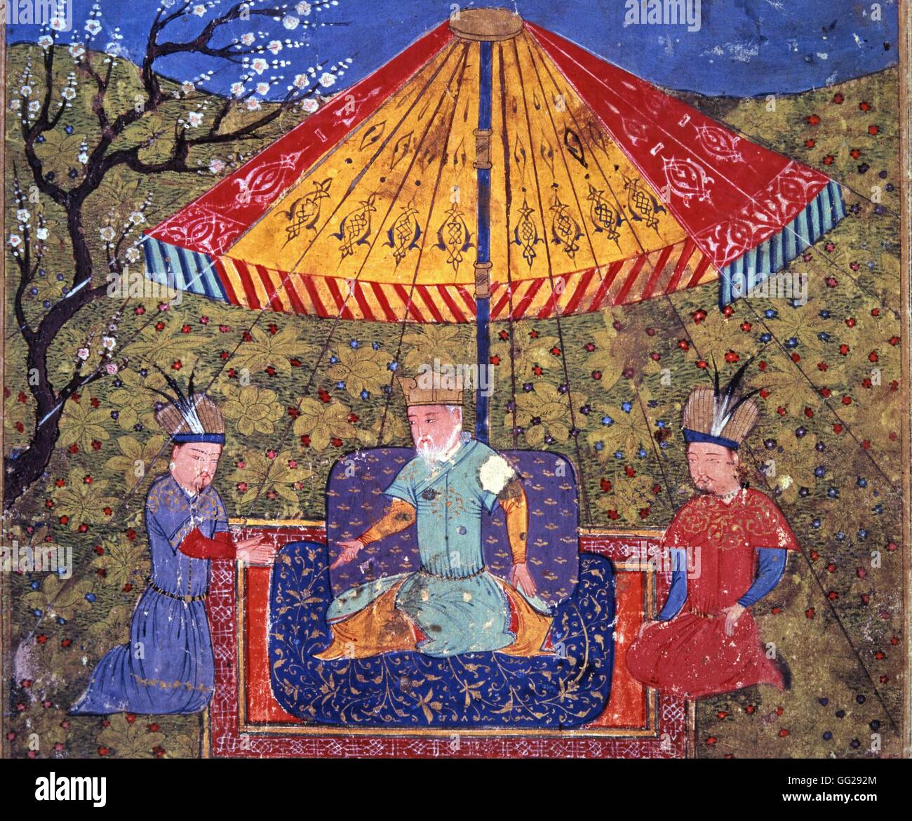 Rashid Al-Din (1247-1318) Gengis Khan (1167-1227) entre deux dignitaires mongols Miniature du Jami al-tawarikh (Histoire universelle). 14e siècle Paris, Bilbiothèque Nationale Stock Photo