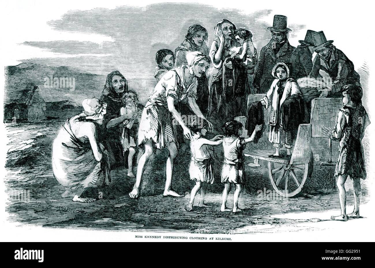 Social conditions: famine and misery. Miss Kennedy distributing clothing in Kilrush. In 'Illustrated London News' 1849 Ireland Stock Photo