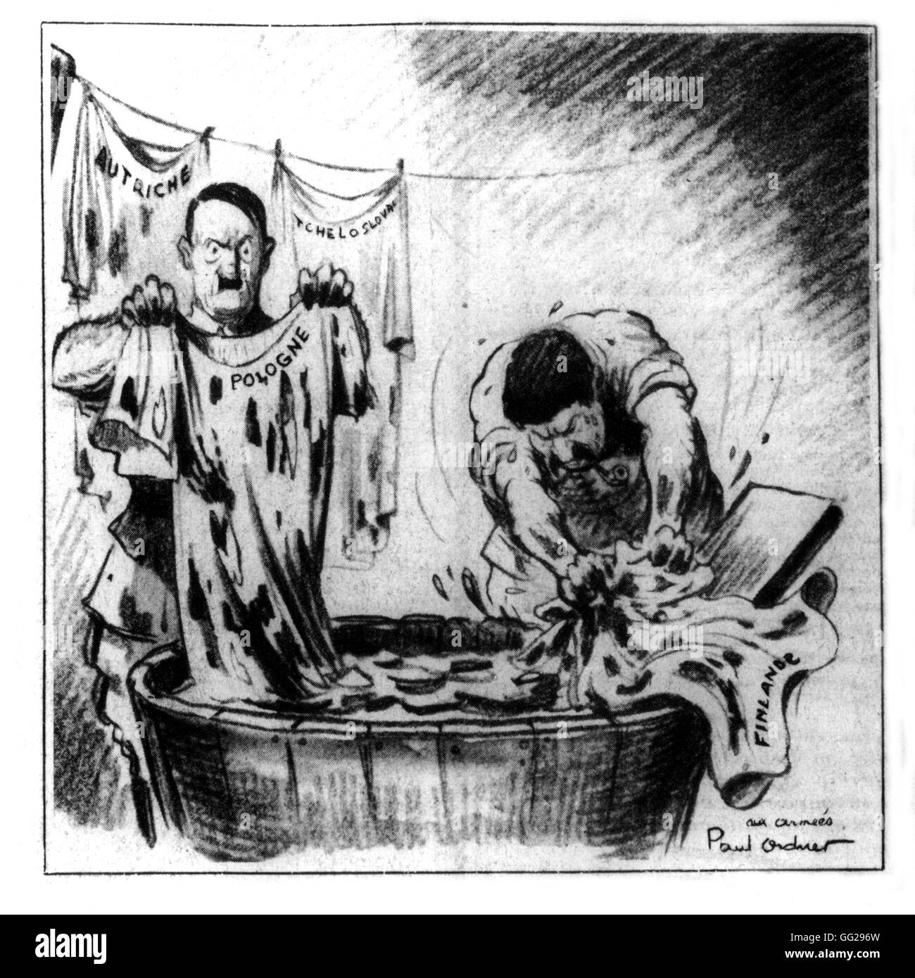Satirical cartoon by Paul Odner, published in 'Marianne'. Hitler and Stalin washing their dirty linen: Poland and Finland January 31, 1940 Stock Photo
