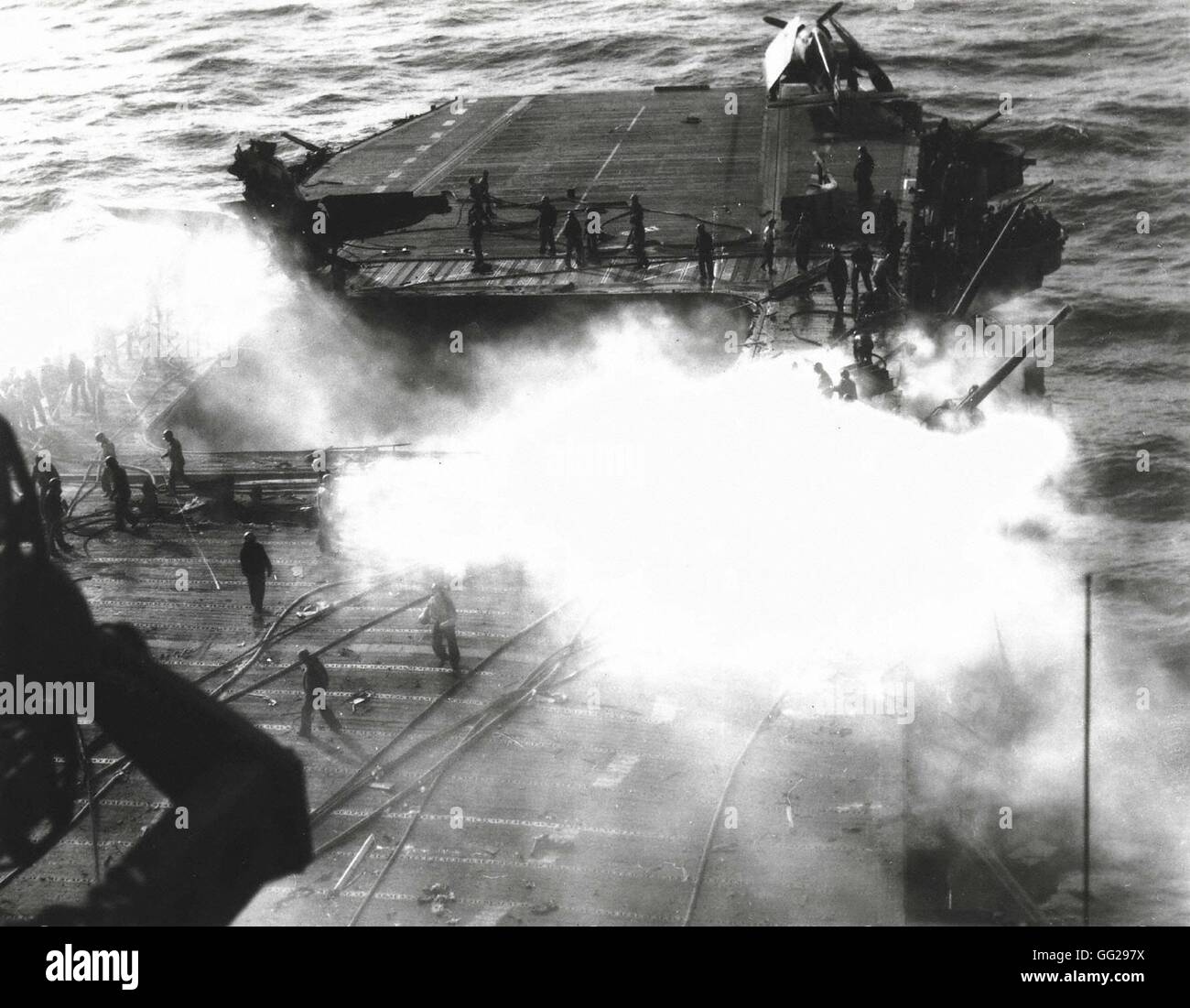 Deck of U.S. warship 'Enterprise', after the attack of a Japanese kamikaze aircraft on May 14, 1945. National Archives, Washington Stock Photo