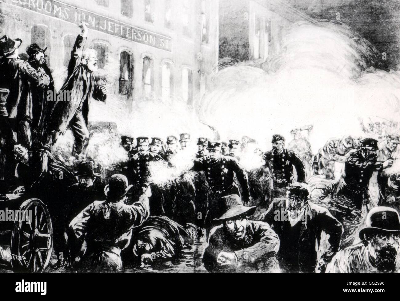 Chicago. Police intervention at Haymarket Square after a bomb explosion (demonstration for an eight-hour day: origin of May Day) 1886 United States Washington. Library of Congress Stock Photo