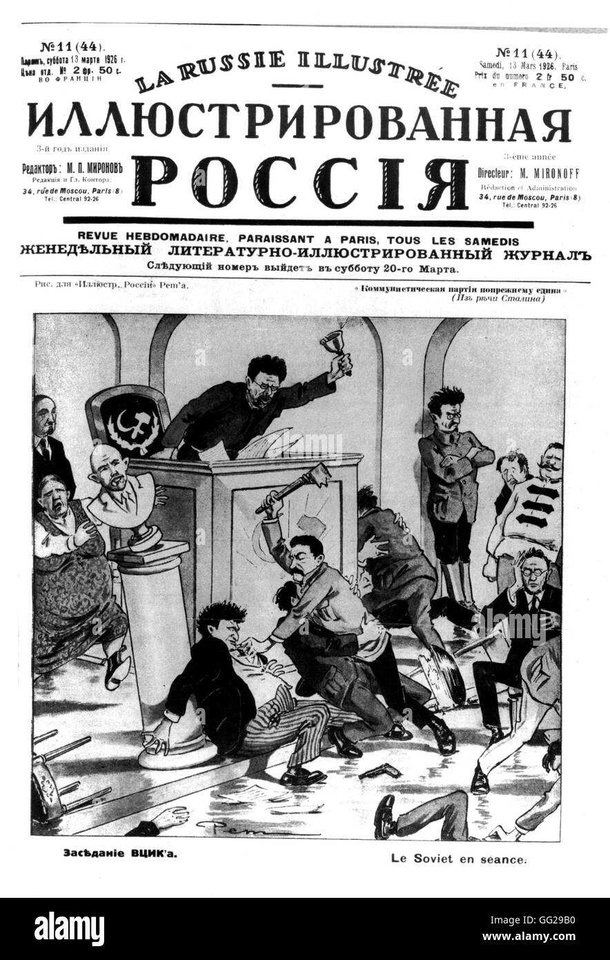 Satirical cartoon on a Soviet session. Trotsky, on the r., Kalinin in the gallery, Stalin beating up Kamenev. in 'Russia illustrated', magazine published in Paris.  1926 U.S.S.R. Stock Photo