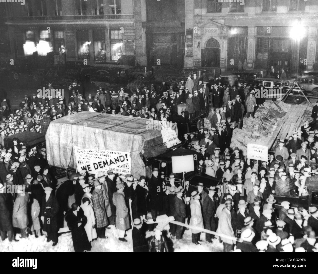 The delegates of 1,500 'Hunger marchers' from New Haven and Boston arriving in New York for a meeting at Union Square January 1931 United States National archives. Washington Stock Photo