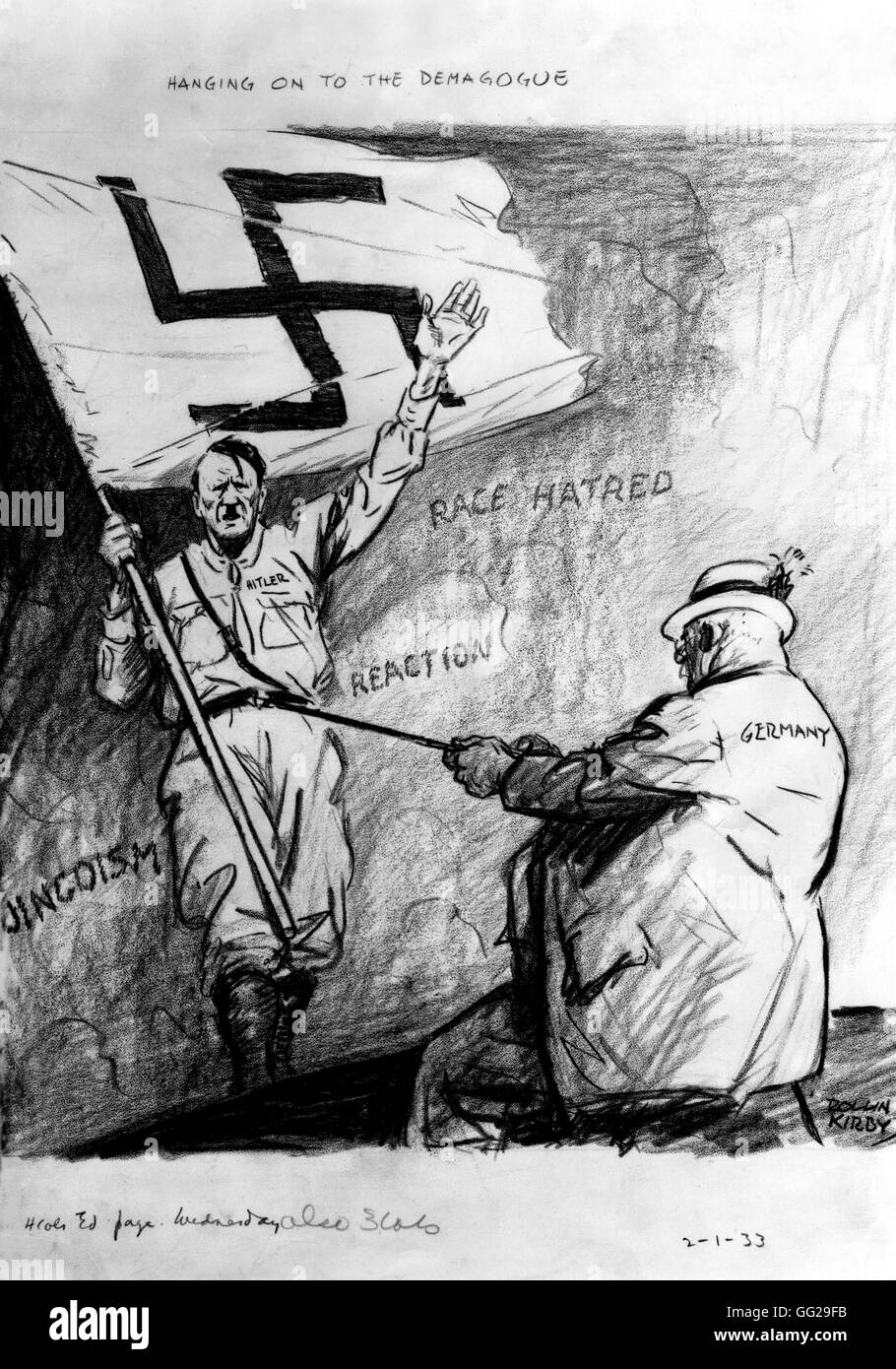 Satirical cartoon by Kirby: Conservative Germany wants to attract demagogue Hitler 1933 Germany Washington. Library of congress Stock Photo
