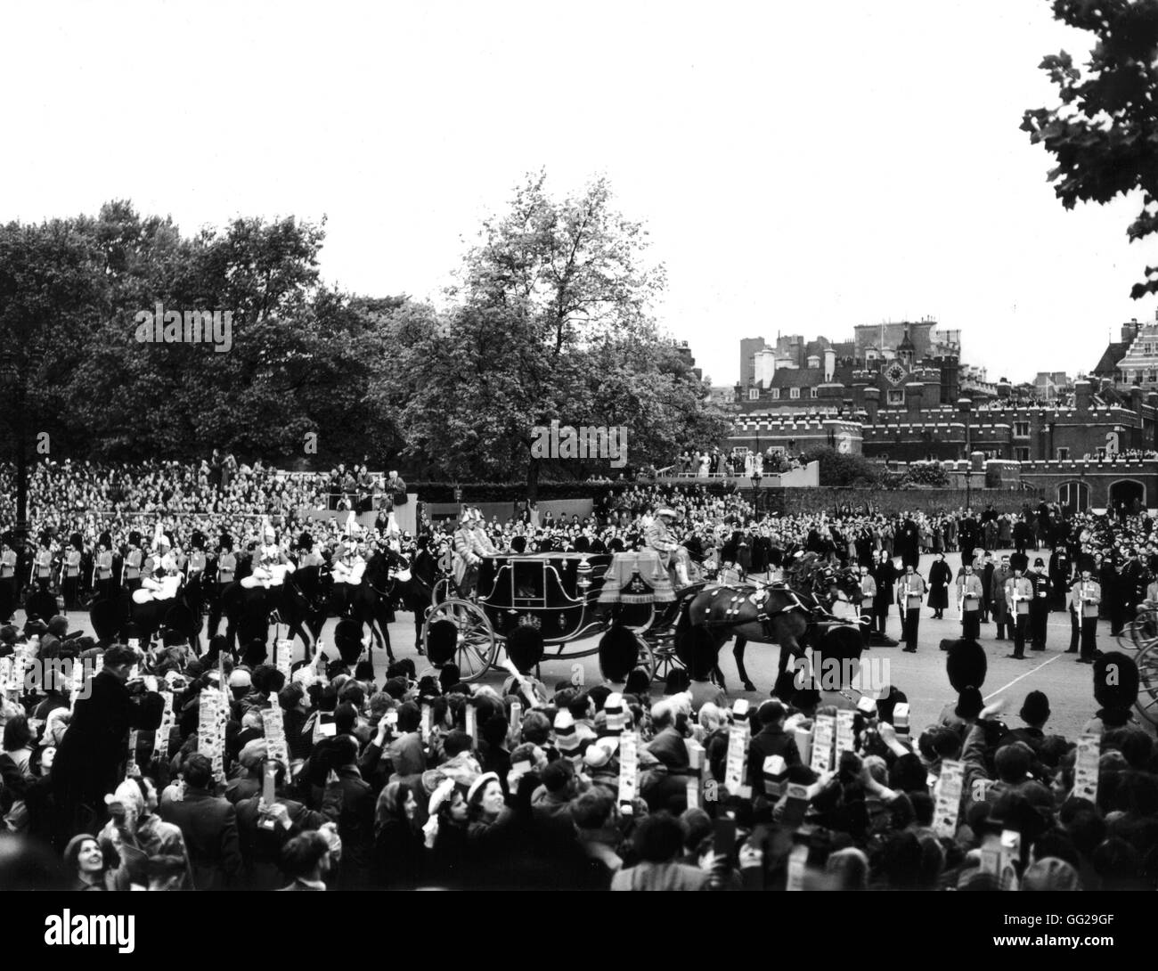 The royal carriage, during Elizabeth II's coronation.  In the background, St. James Palace 1953 Great Britain Stock Photo