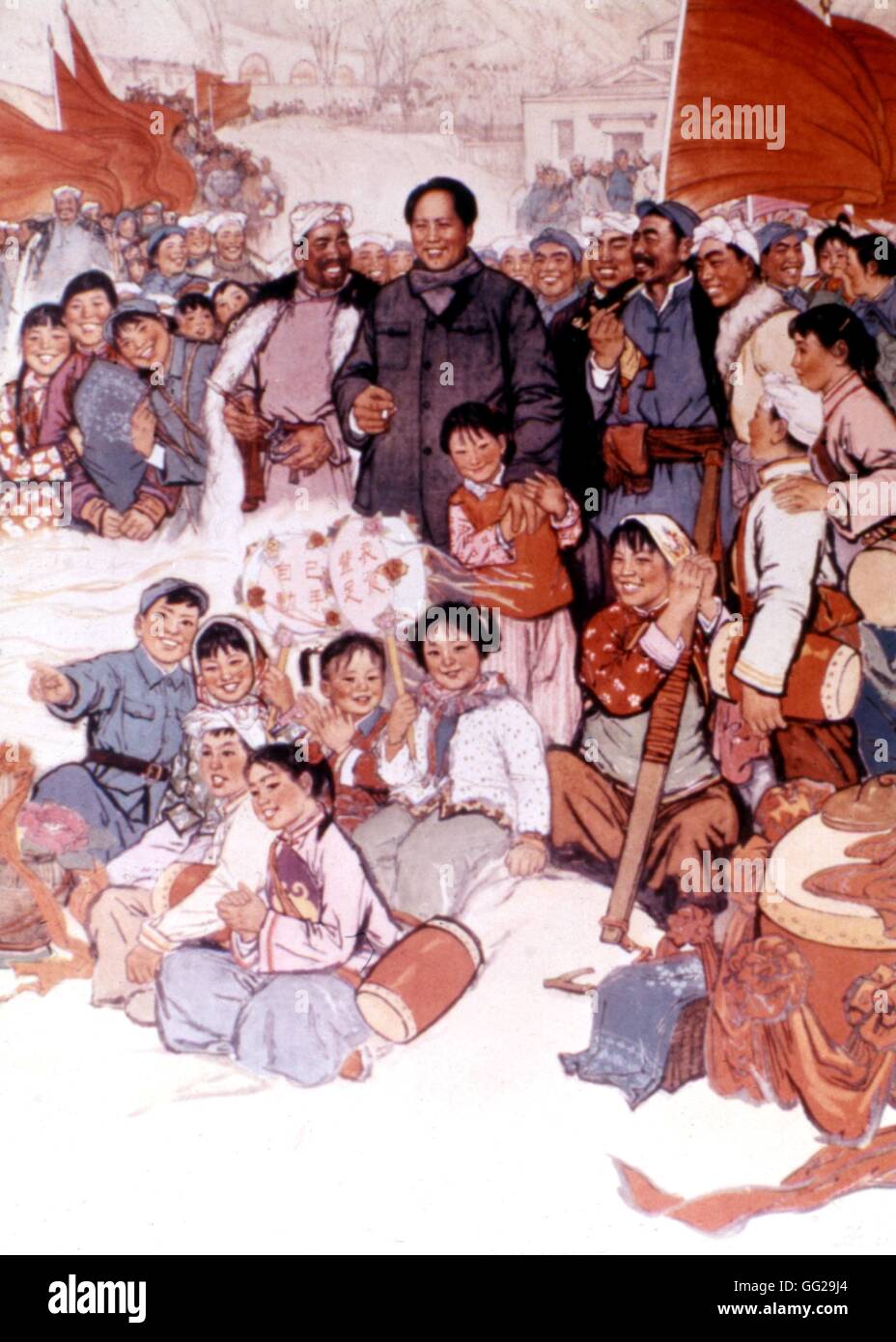 Propaganda poster, Mao Zedong and the peasants 1975 China Stock Photo