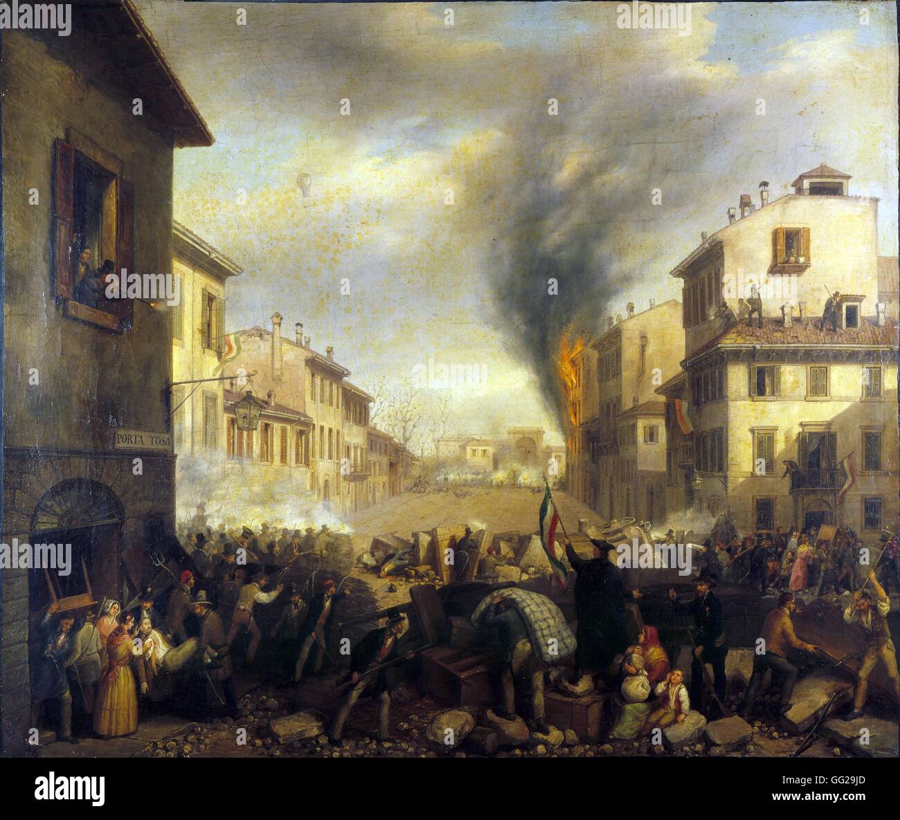 Barricade in Milan, Porta Tosa. Revolt against the Austrians  1848 Italy Milan, Risorgimento museum Stock Photo