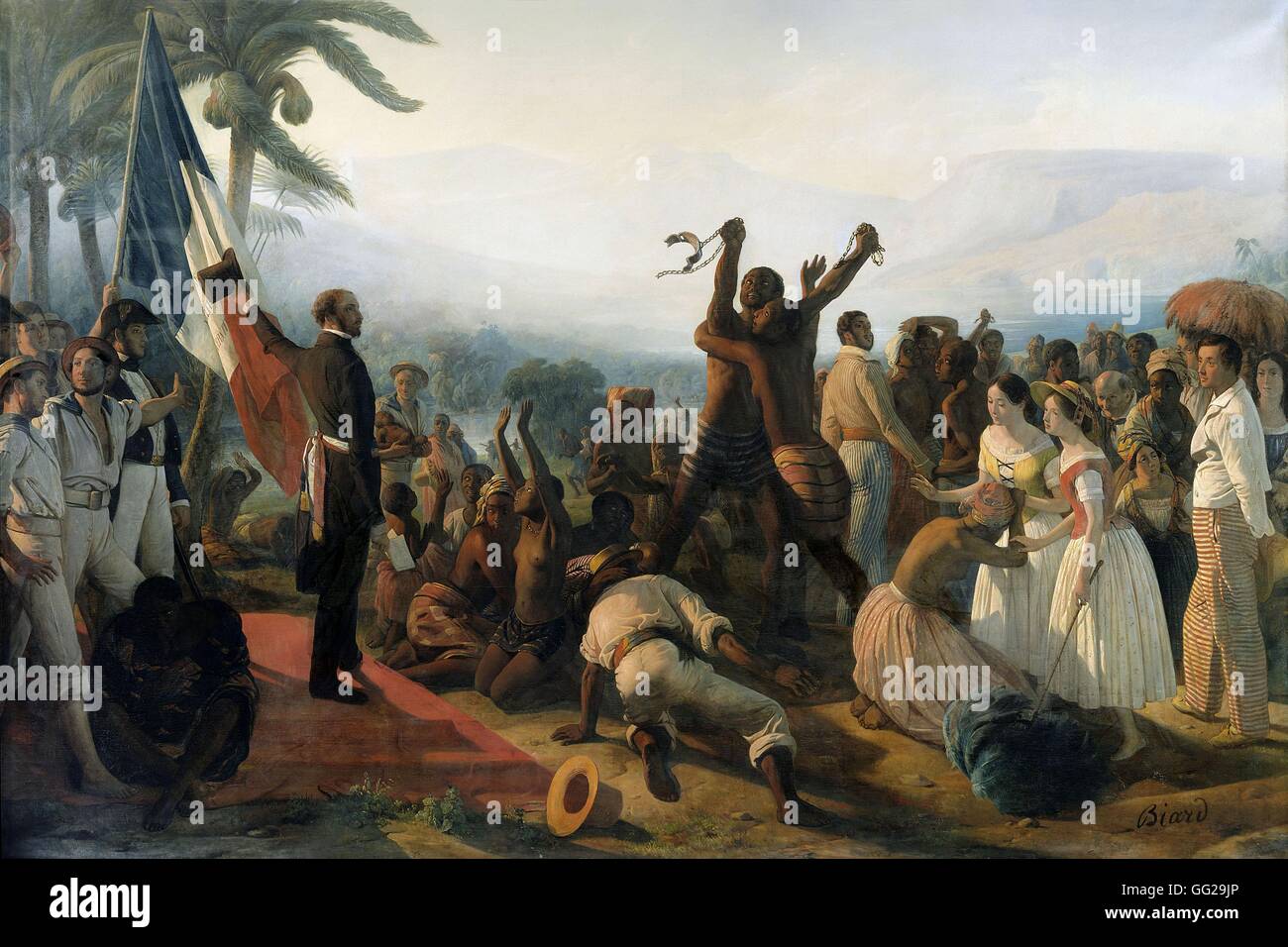 François Auguste Biard French school Abolition of Slavery in French Colonies, 1848 L'abolition de l'esclavage dans les colonies françaises en 1848 1849 Oil on canvas (260 x 392 cm) Versailles, châteaux de Versailles et de Trianon Stock Photo