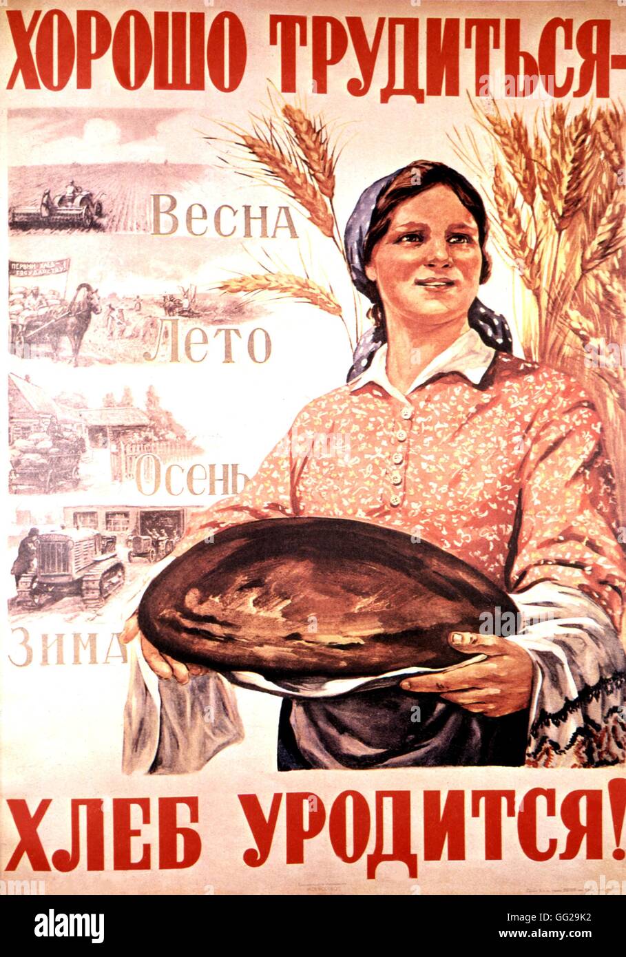 Propaganda poster by Mikhail Solovyov: 'Hard work in the fields will be rewarded' 84 x 59 cm 1947 U.S.S.R. Stock Photo