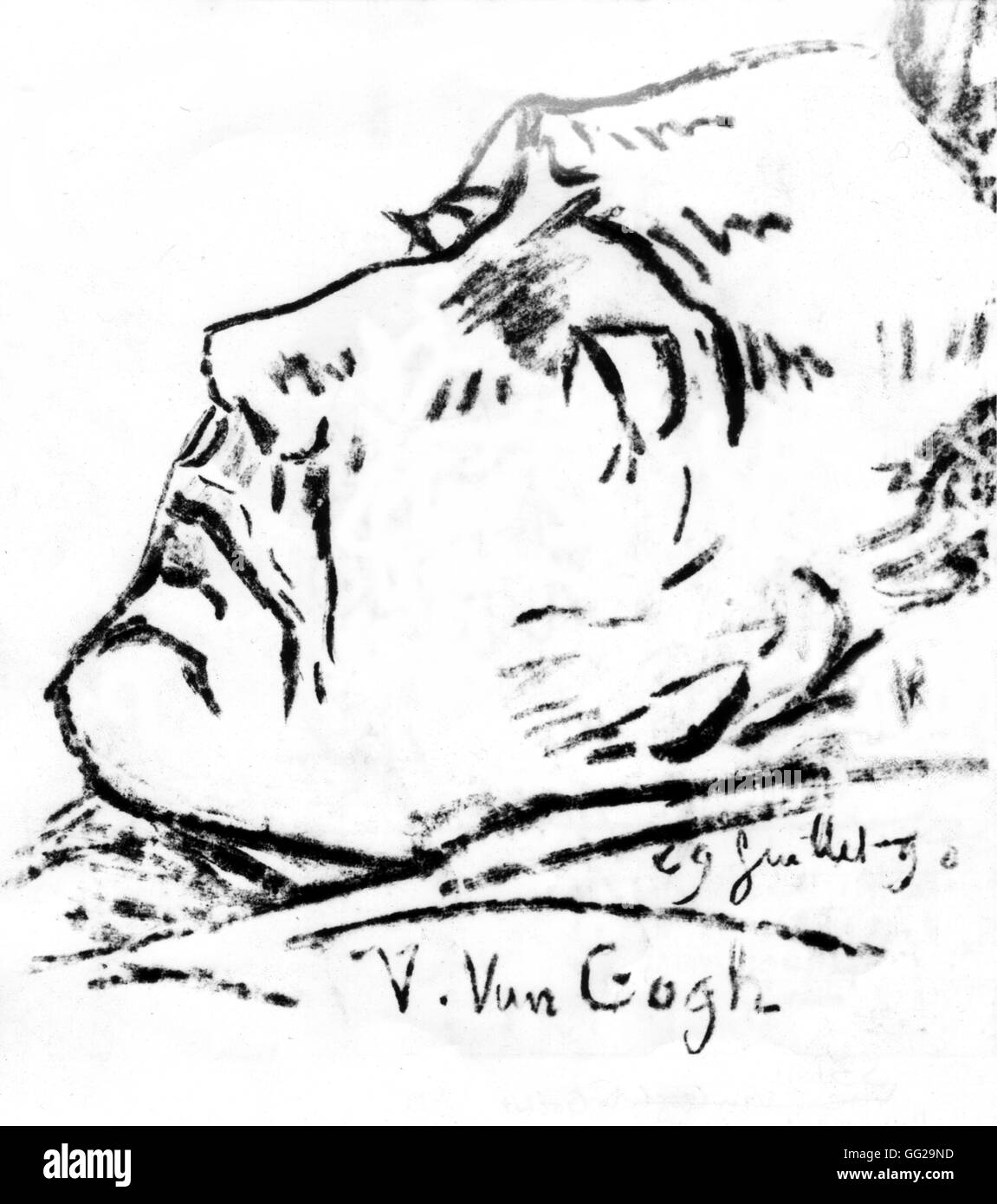 Drawing by Dr. Gachet. Portrait of Vincent van Gogh on his death bed France 1 9th century Paris, musée du Louvre. Drawing exhibition room Stock Photo