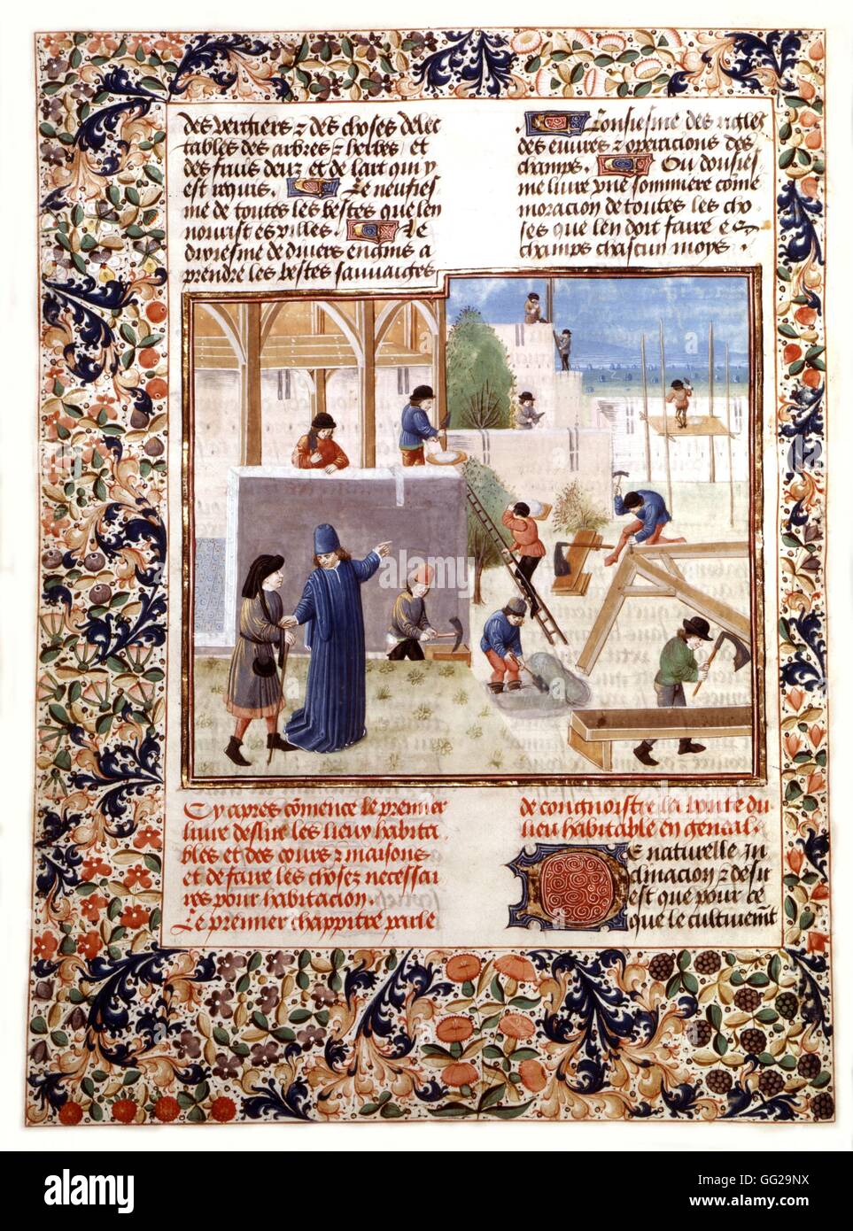 Miniature by Pierre de Crescens, in 'The Book of rural tasks' Workers, masons, carpenter. Treatise of agriculture written in the early 14th century. Copy made for Antoine le Grand, son of Philippe le Bon. Manuscript 15th century Stock Photo