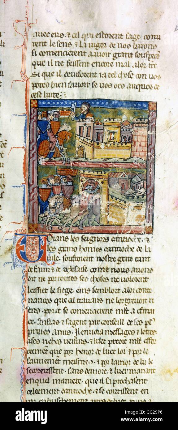 William of Tyre French school Treason of Firouz and attack of Antioch From "Histoire d'outremer" (manuscript 828, folio15v) c.1280 Lyon, Bibliothèque Municipale Stock Photo