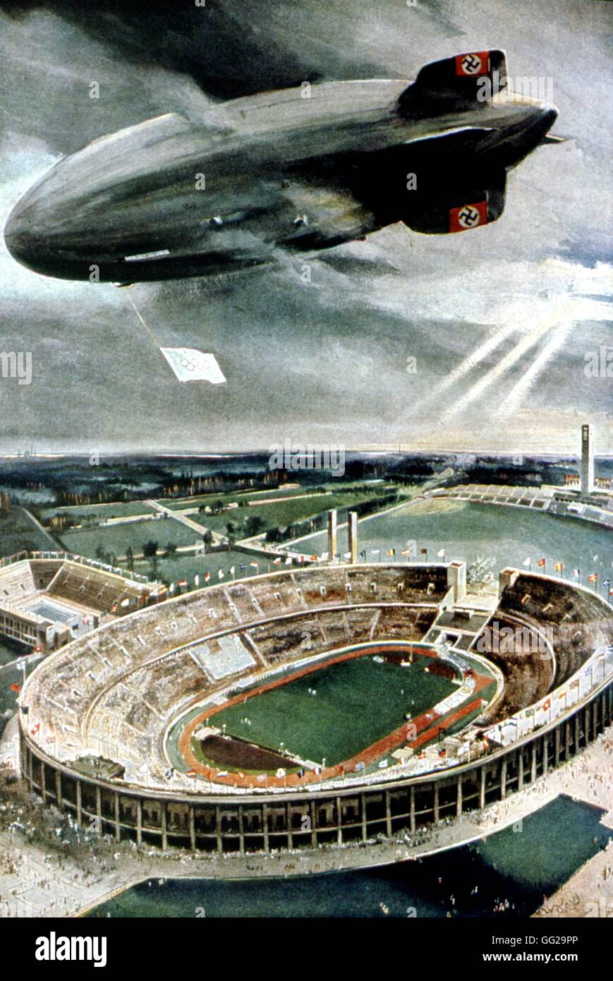 Poster: The 1936 Olympic Games opening ceremony The hinderburg balloon flying over the stadium 1936 Germany Washington, The Library of Congress Stock Photo