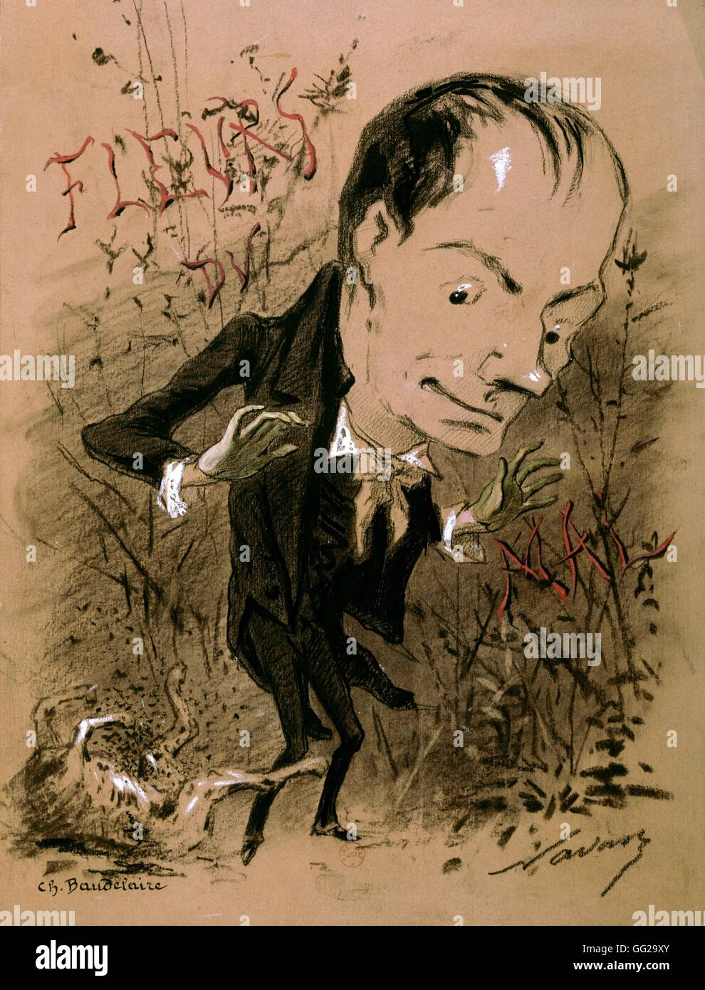 Caricature: Charles Baudelaire with the 'Flowers of Evil' Illustration ...