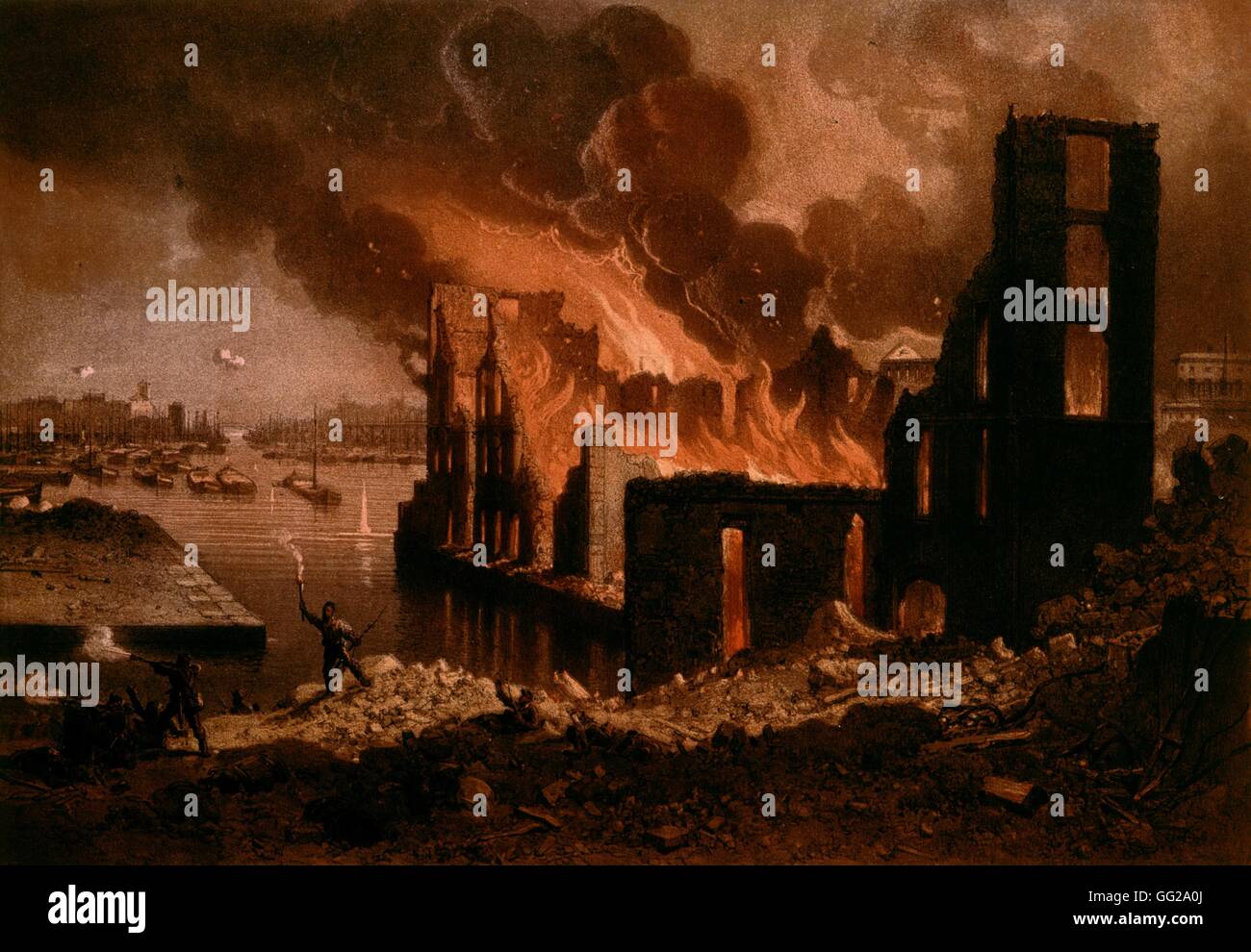 Anonymous painting, 19th century Fire on May 27, 1871. The docks at La Villette, Paris, during the Commune of Paris 1871 France Paris, Musée Carnavalet Stock Photo