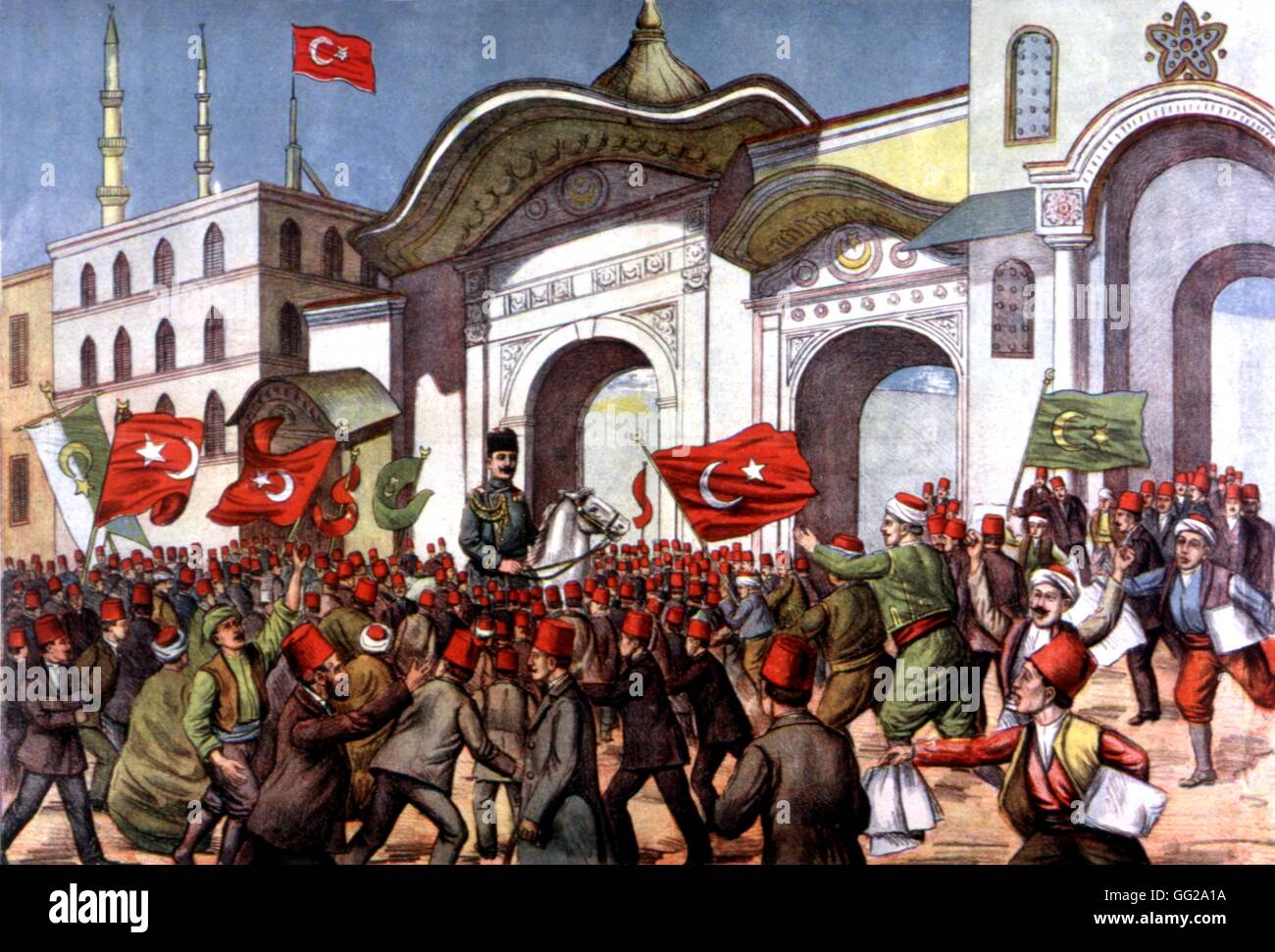 Turkish popular print. Ever Bey and the people heading towards the Sublime Porte (or Sublime Gate), at the time of Kamel Pacha's change 1913 Turkey Washington, Library of Congress Stock Photo