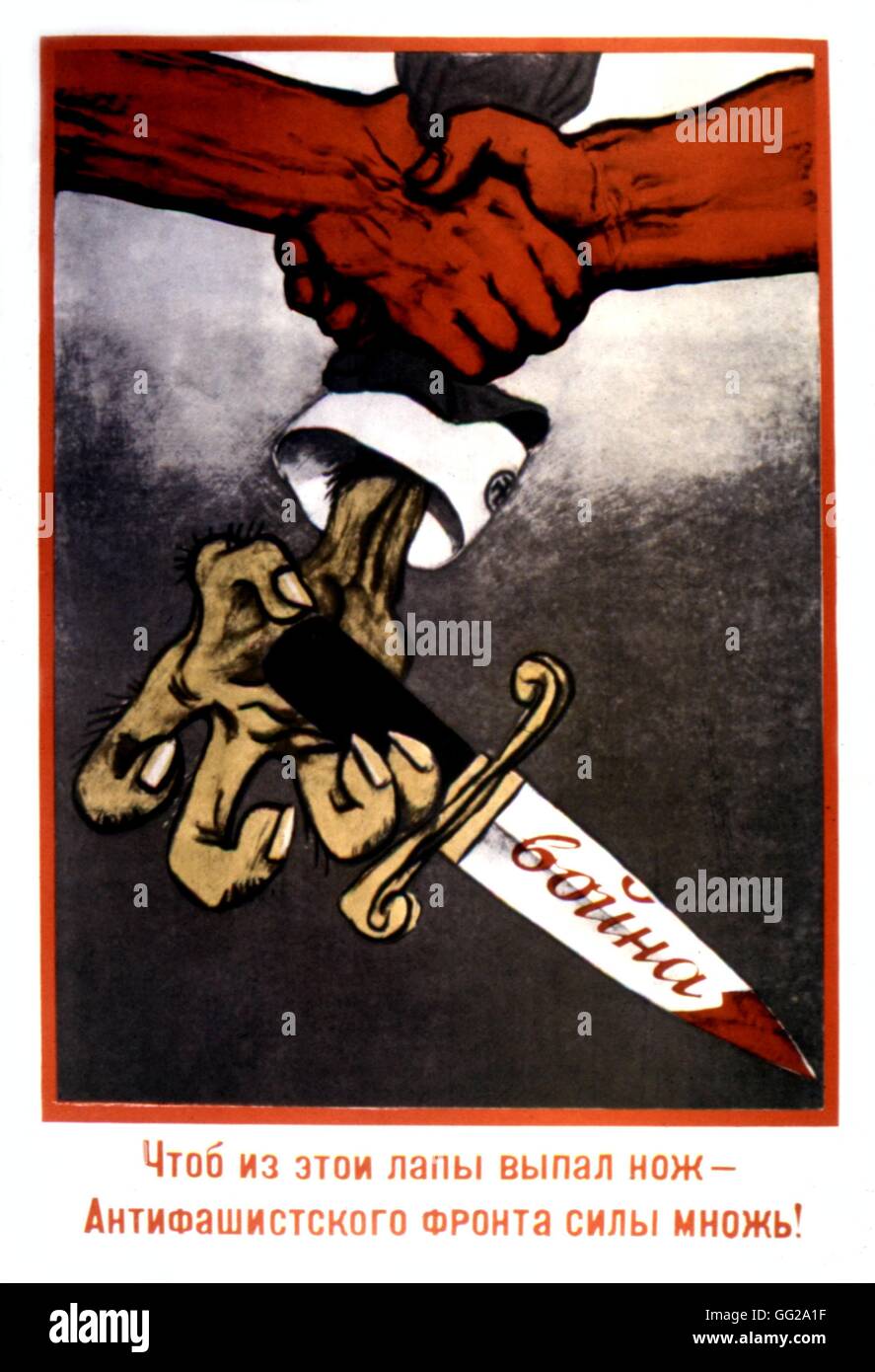 Propaganda poster by M. Tcheremnykh. 'Increase the forces of the antifascist front, so that this hand lets go of the knife!' 1938 U.S.S.R. Stock Photo