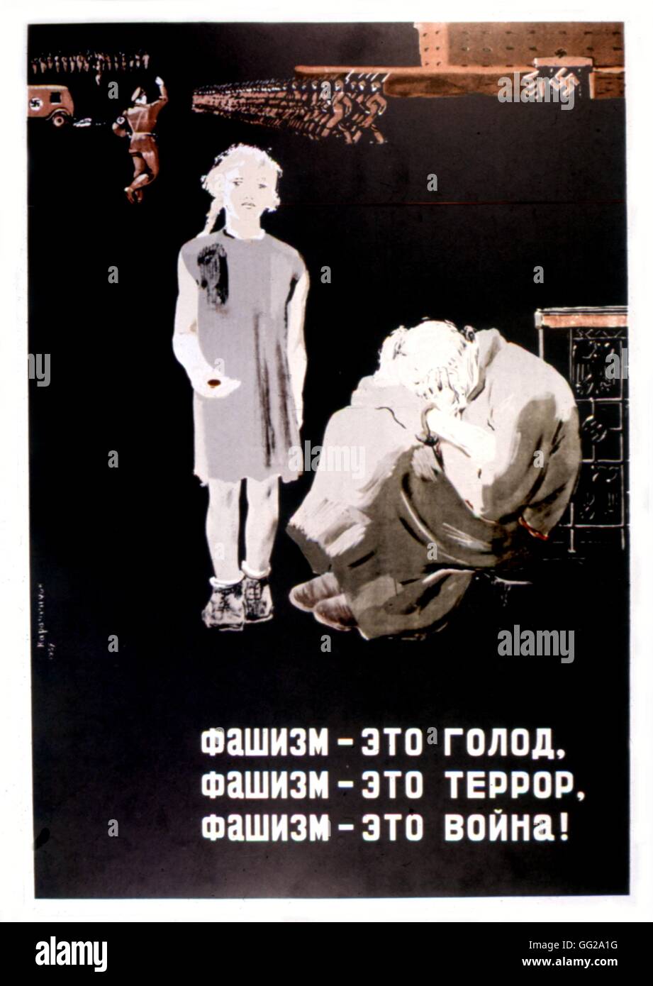 Propaganda poster by V. Karatchentsov. 'Fascism means terror, starvation and war' 1937 U.S.S.R. Stock Photo
