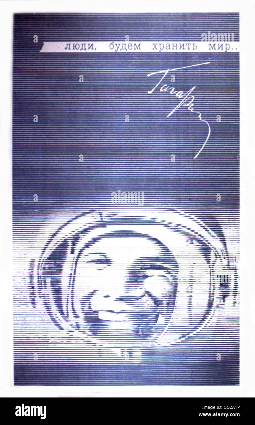Propaganda poster by A. Yakouchin. 'Let us upholding peace' (Yuri Gagarin) 1971 U.S.S.R. Stock Photo