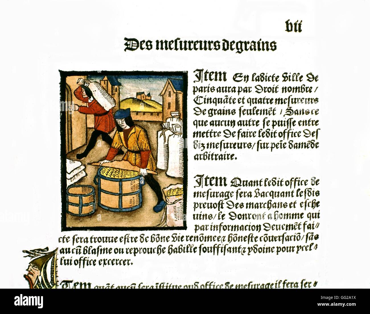 Royal edict of the Paris merchants provotship.  Grain measurers 1500 France Paris. Bibliothèque de l'arsenal Stock Photo