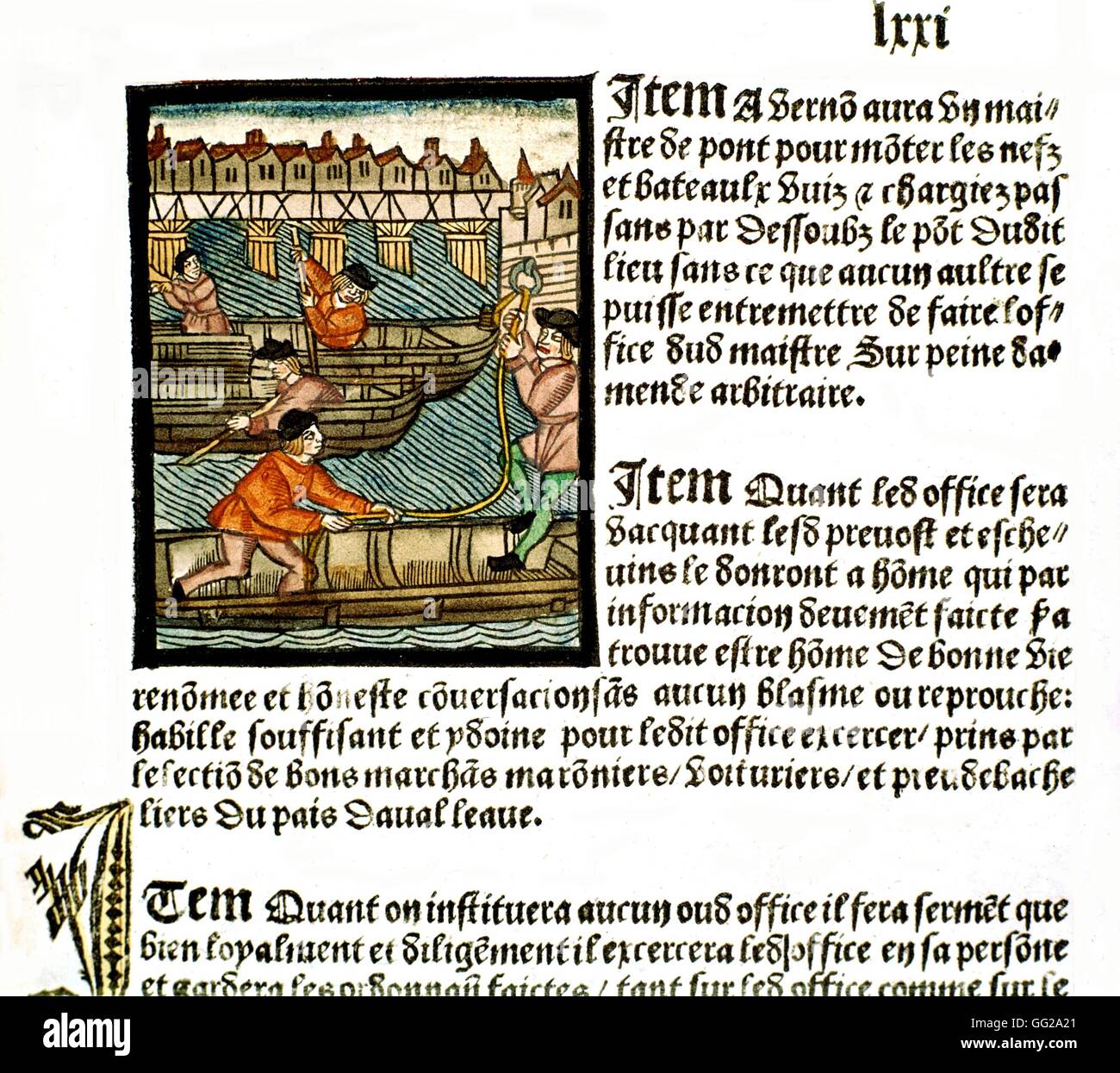 Royal edict of the Paris merchants provotship.  Boatmen 1500 France Paris. Bibliothèque de l'arsenal Stock Photo