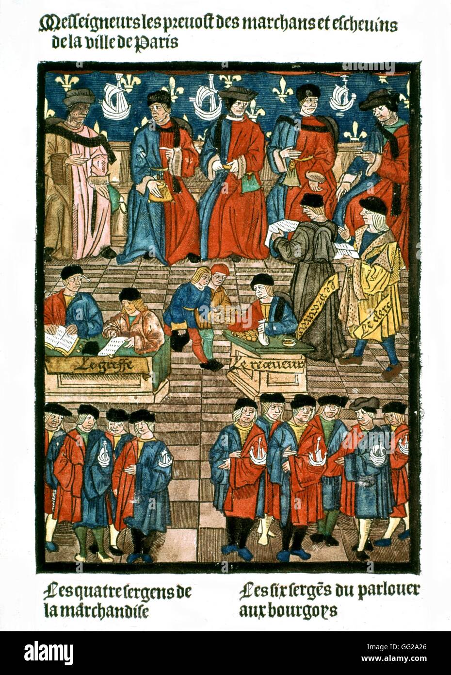 Frontispiece of the Royal Edict of the Paris merchants' provotship. The merchants' provosts and aldermen of Paris 1500 France Paris. Bibliothèque de l'arsenal Stock Photo