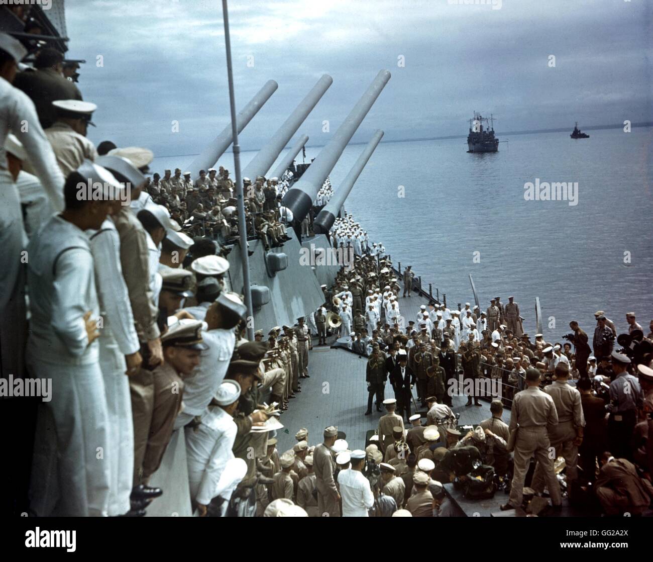 War in the Pacific, Official ceremony of Japan's defeat aboard US battleship 'Missouri' in Tokyo harbour. September 1945 Japan - World War II Washington, Pentagone Stock Photo