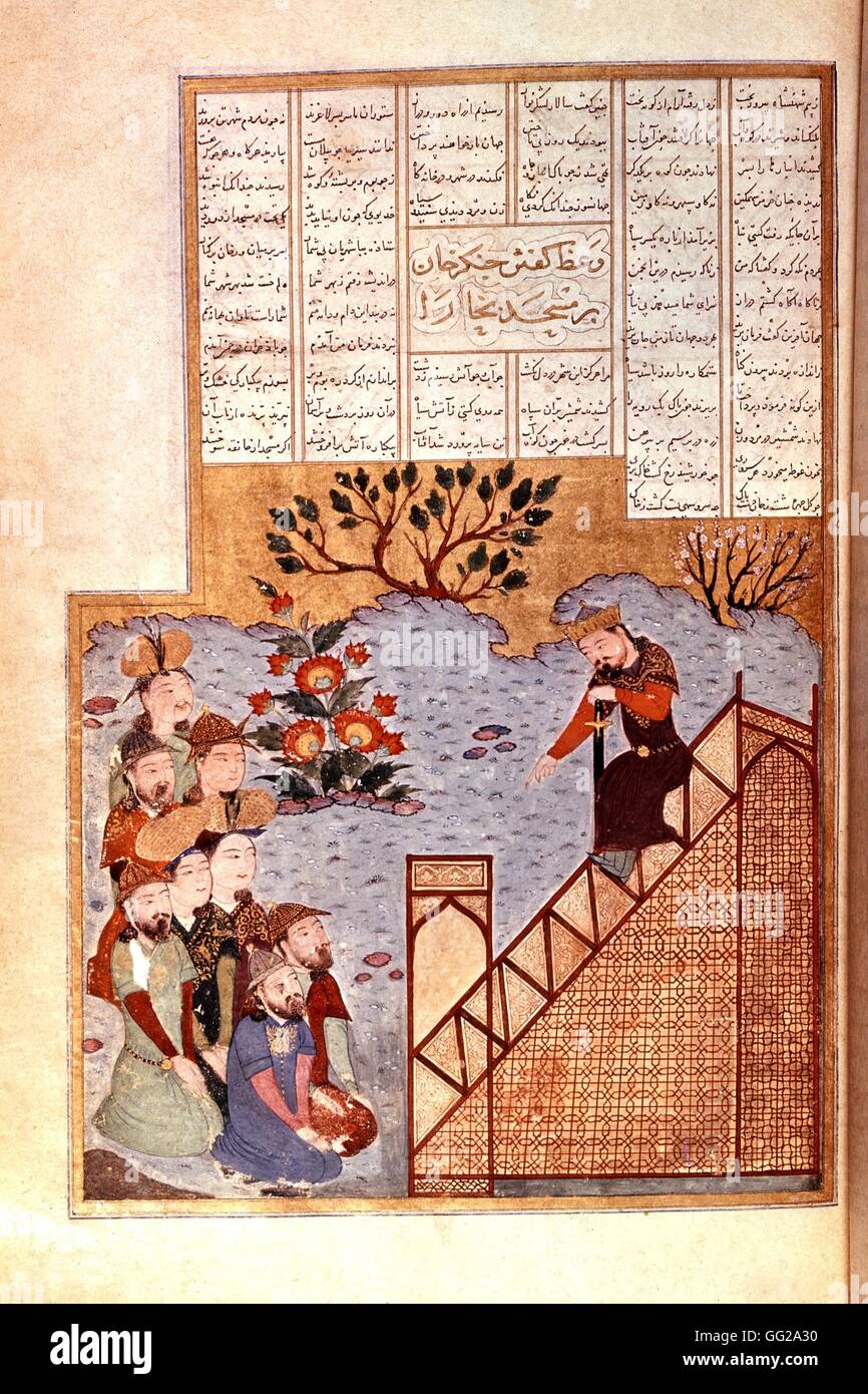 Gengis Khan preaching at Bukhara mosque 14th century Persian school London, British museum Stock Photo