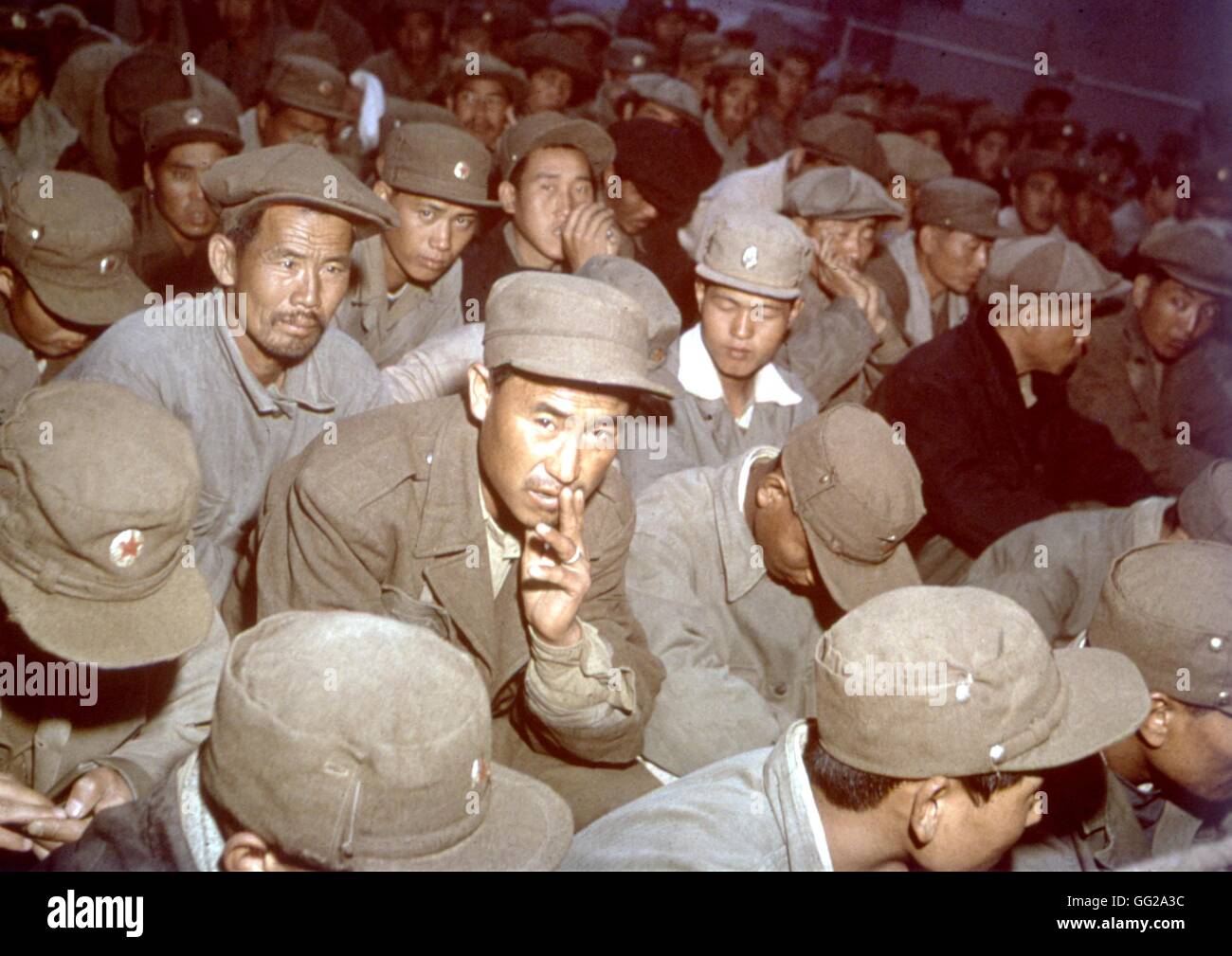 War prisoners aboard a boat (1952) 1952 Korean War U.S. Army archives Stock Photo