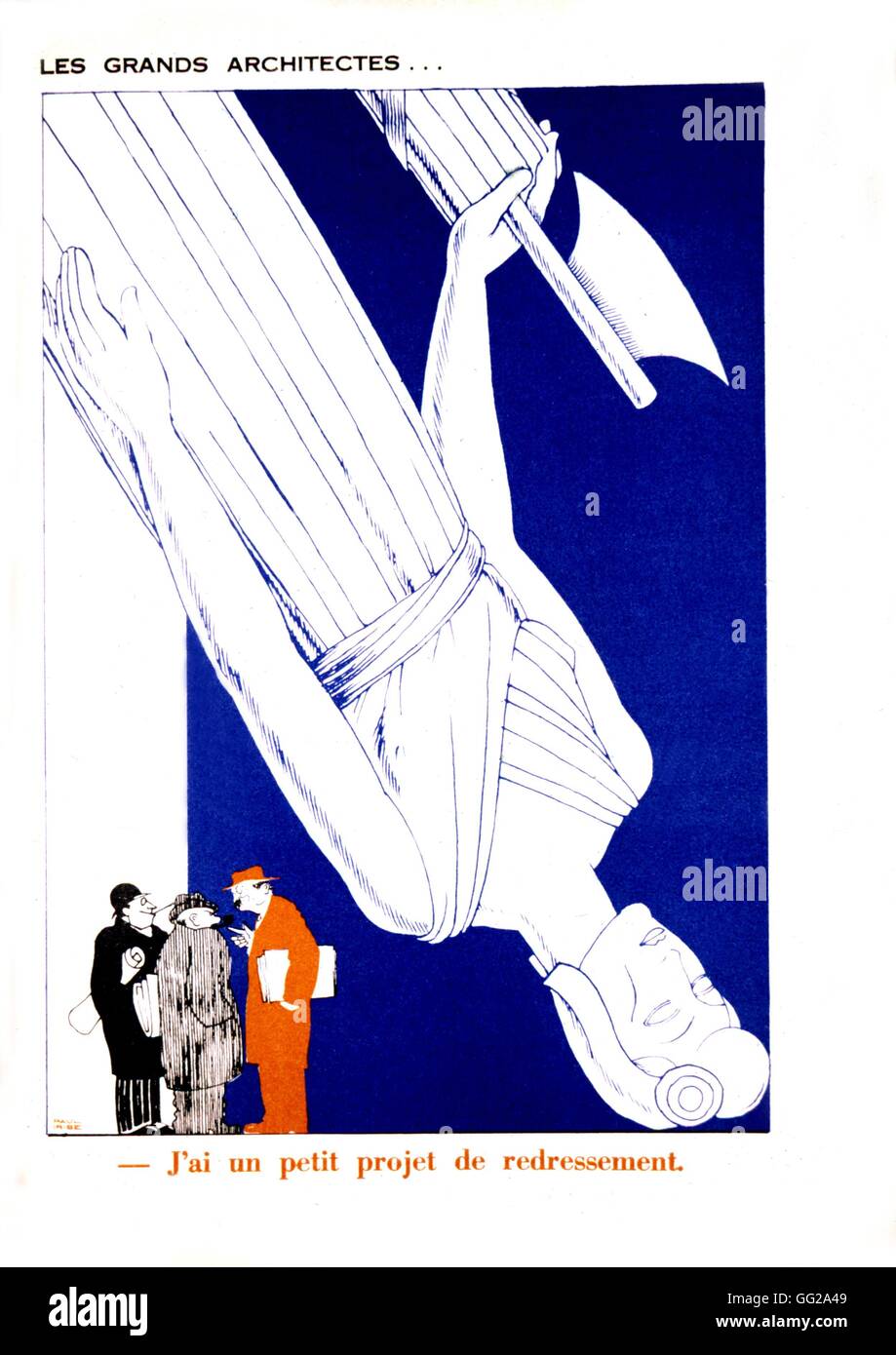 Caricature of P. Iribe: Marianne droping Leon Blum and other French deputies saying: 'I think I have a plan for recovery' 1934 France Stock Photo