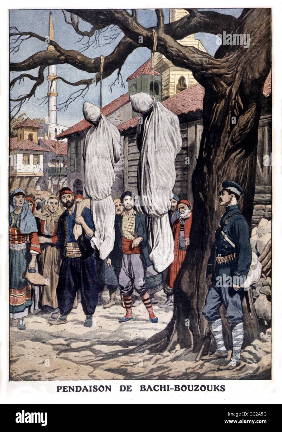 Bashibazouks hanged by mercenaries of the Ottoman army, in 'Le Petit journal' newspaper 1912 Turkey Stock Photo