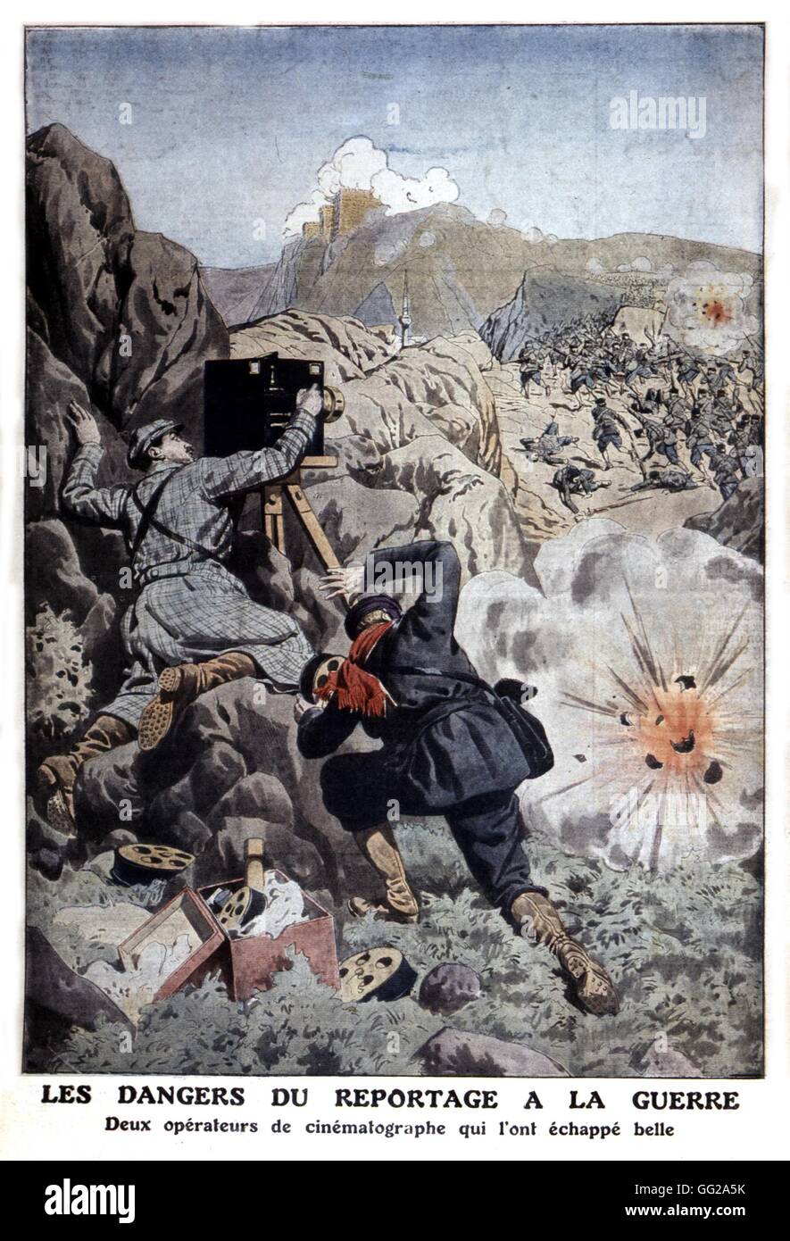 Dangers incurred by war reporters, in 'Le Petit journal' newspaper  1912 China Rousseau collection Stock Photo
