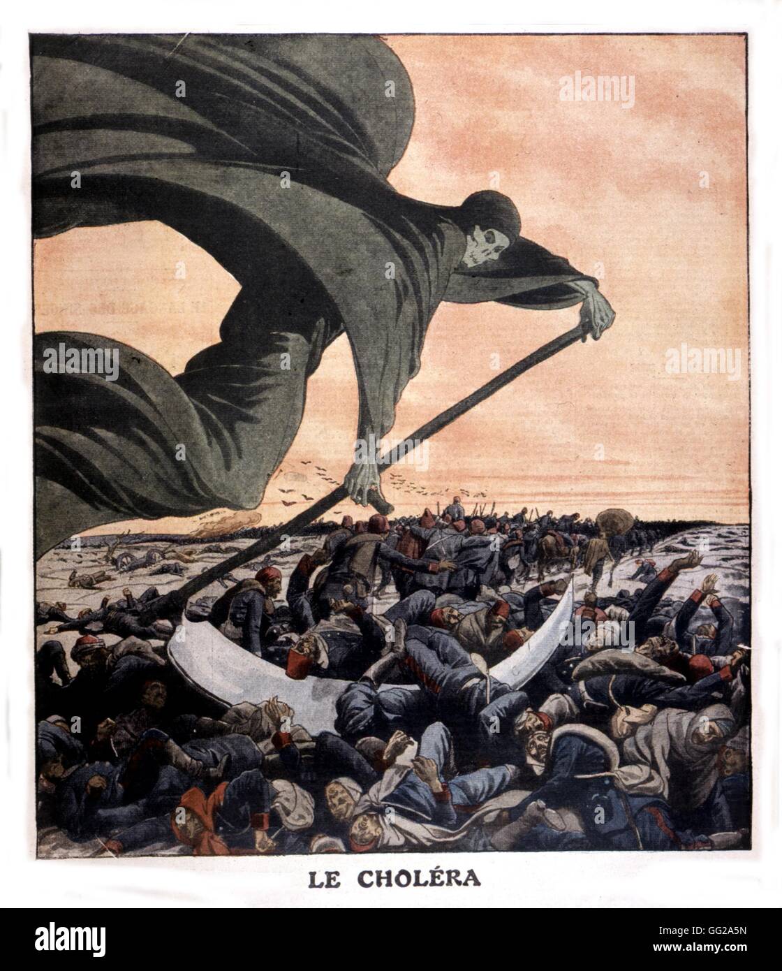 The cholera epidemics started a few miles away from Hazim Pacha headquarters. The epidemics spreaded then quickly to Constantinople. In 'Le Petit journal' newspaper. December 1912 Turkey Stock Photo