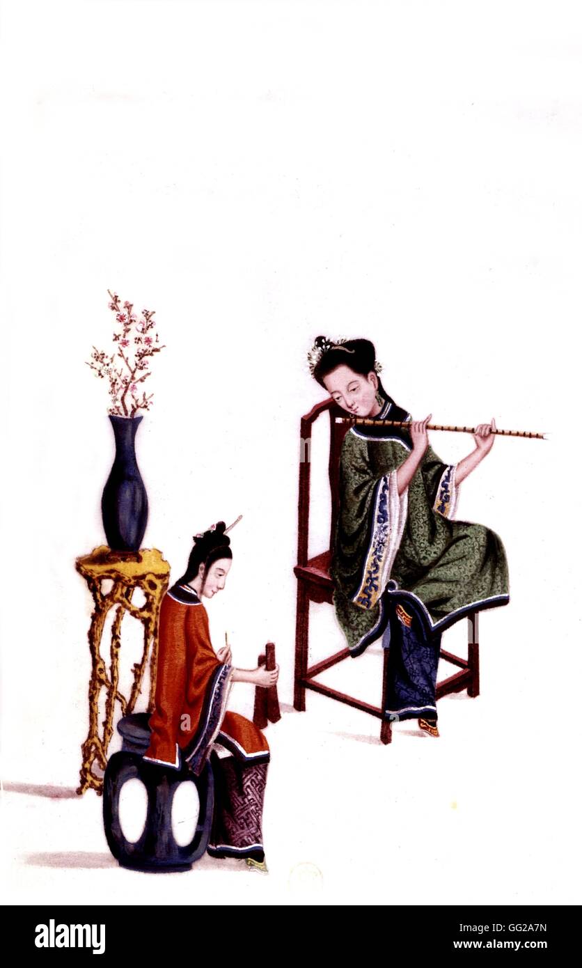 Persian miniature, painting on silk. A lady playing the flute, another playing wooden plaquettes (a traditional Chinese instrument) 18th century China Stock Photo