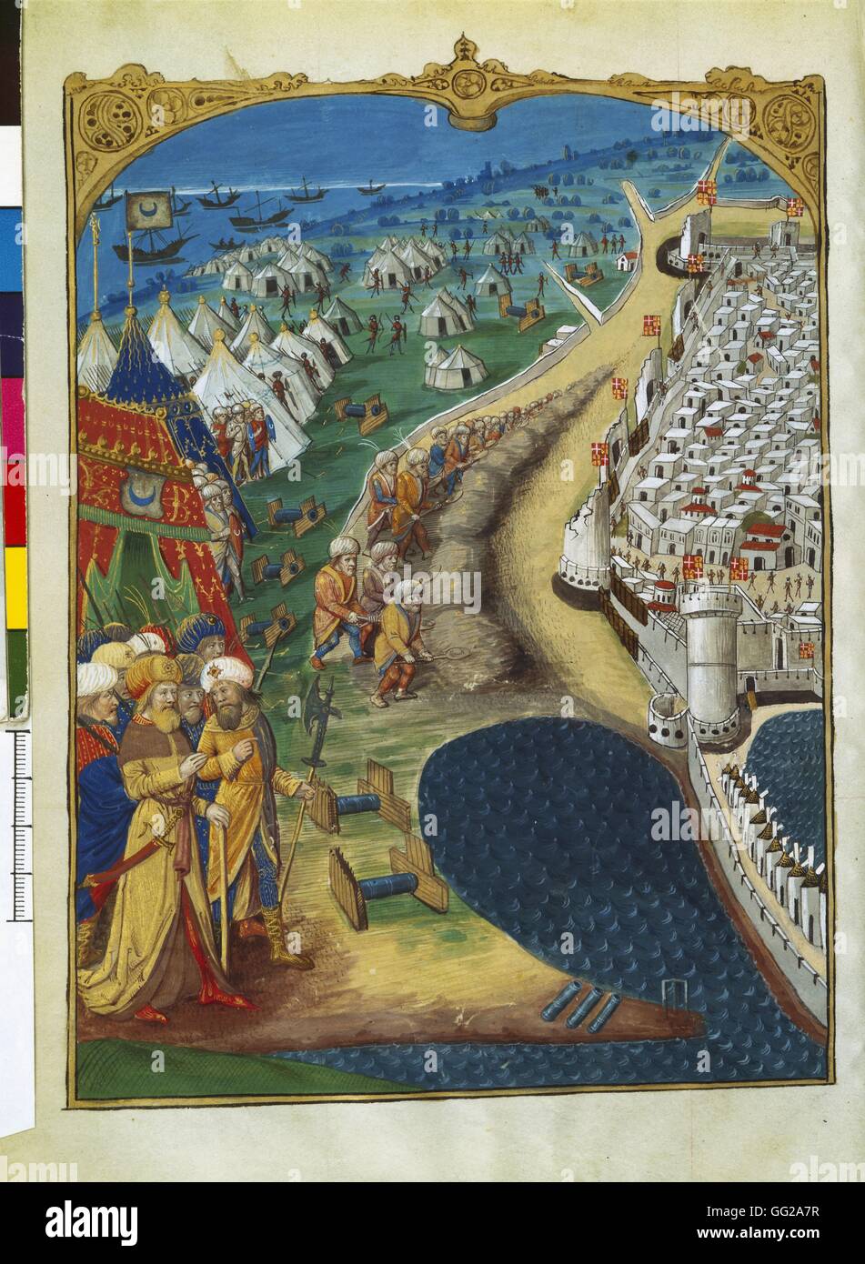 Guillaume de Caoursin, History of the siege of Rhodes (1483). Mohammed II's great vizir, probably Miseh Paleologue, leading the Turkish operations of the siege of Rhodes 15th century Greece Stock Photo