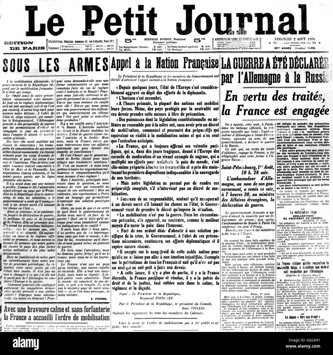 Headline announcing the beginning of the war in the French newspaper 'Le Petit Journal' August 2, 1914 France - World War I Stock Photo